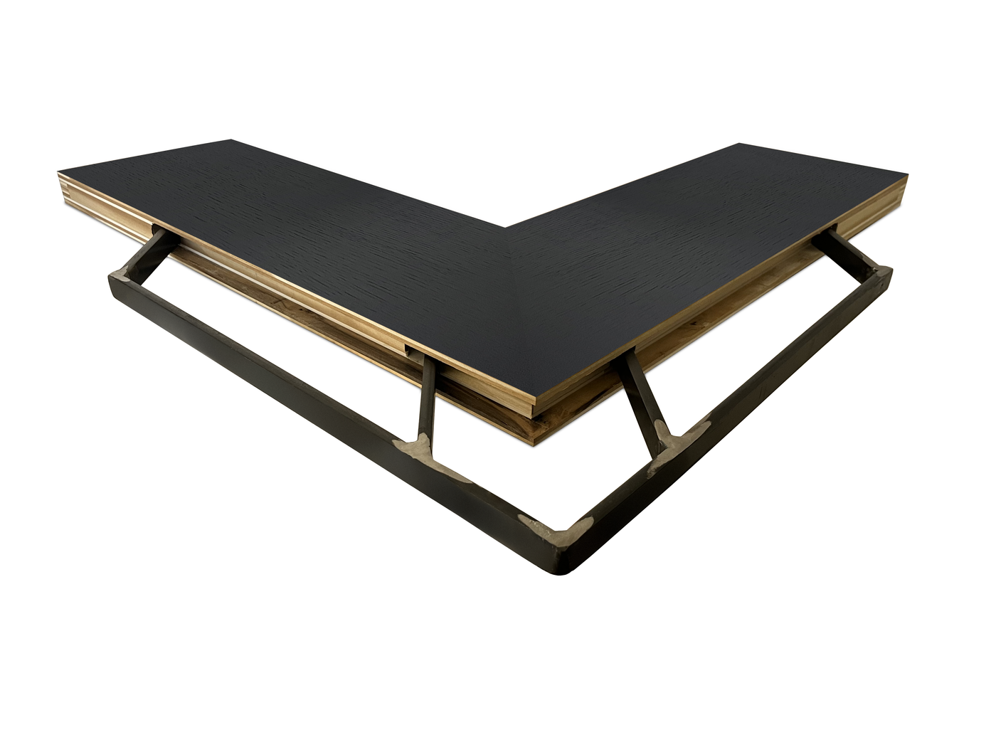 Chocolate espresso oak inside corner mitered floating shelf view of back edge steel floating shelf bracket pockets
