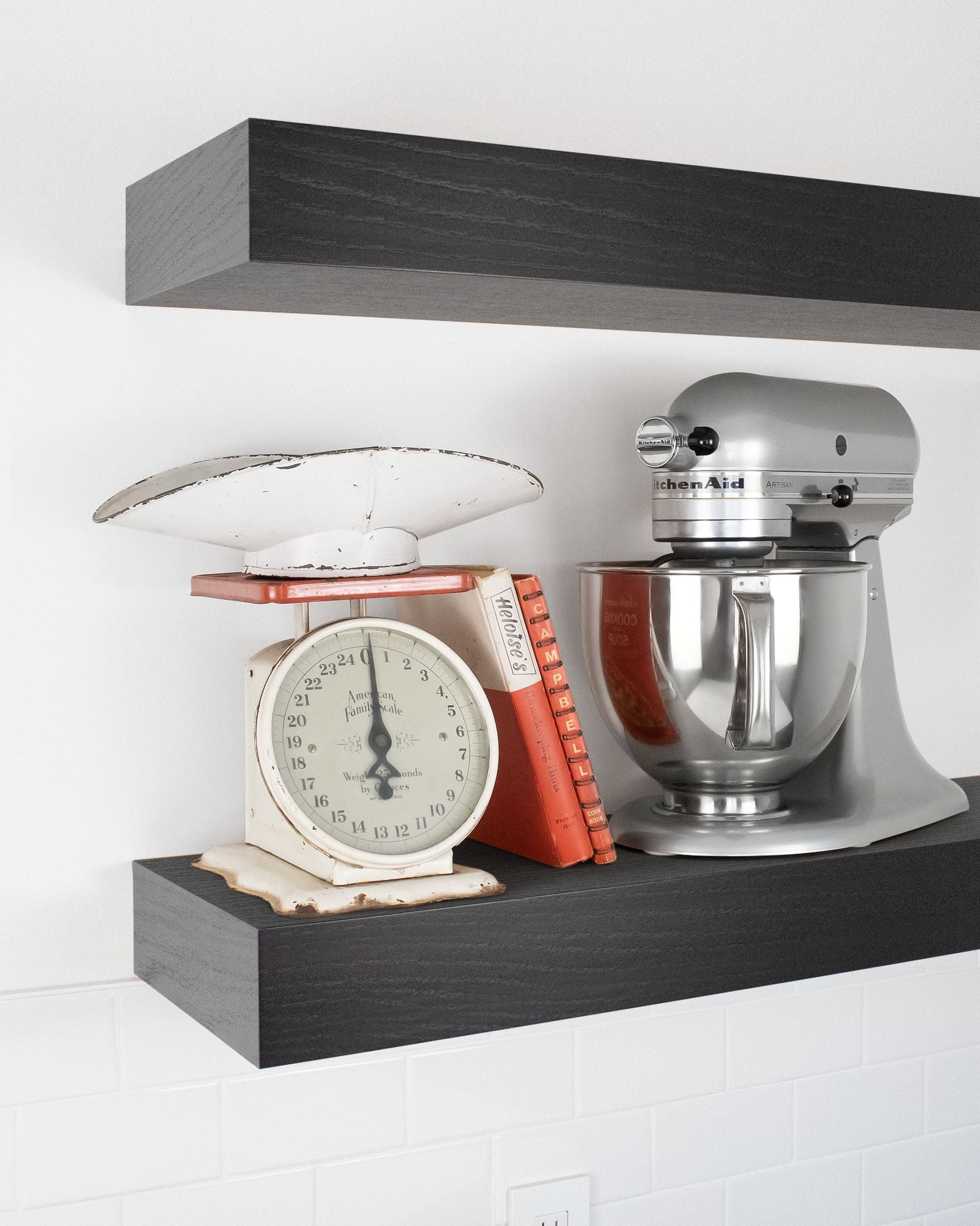 Chocolate espresso oak kitchen Floating Shelf 4 inch thick with Mixer and scale angle view