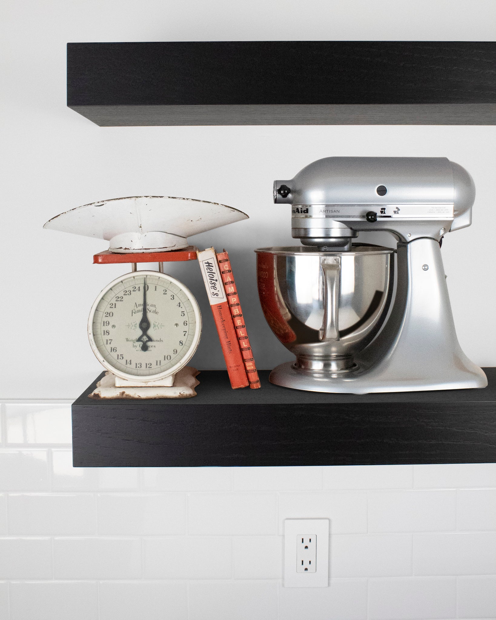 Chocolate espresso oak kitchen Floating Shelf 4 inch thick with Mixer and scale front view