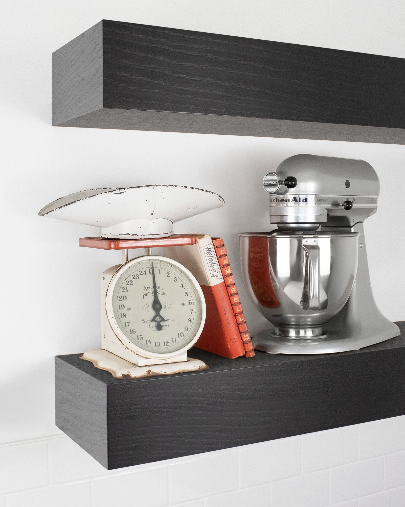 Chocolate espresso oak kitchen Floating Shelf 6 inch thick with Mixer and scale angle view