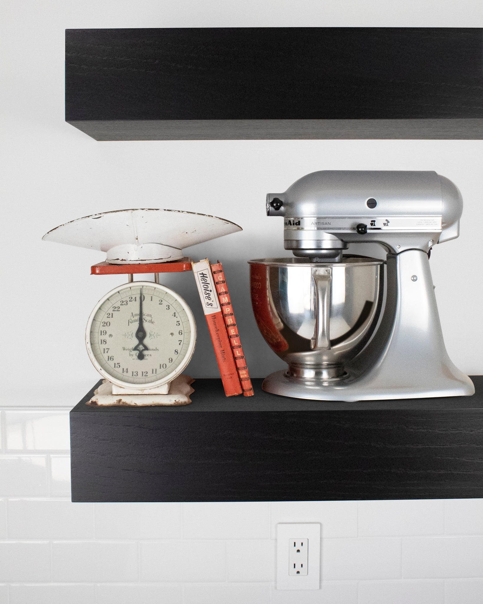 Chocolate espresso oak kitchen Floating Shelf 6 inch thick with Mixer and scale front view