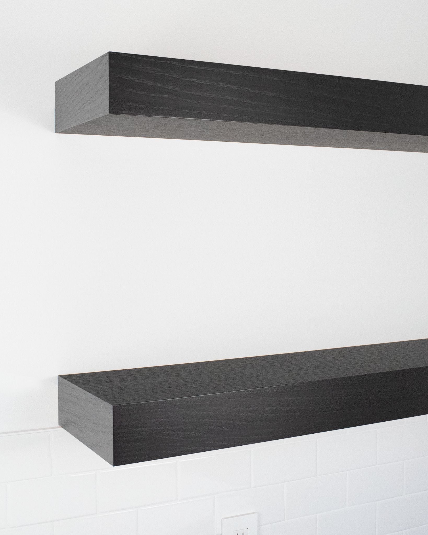 Chocolate espresso oak kitchen Floating Shelves 4 inch thick angle view