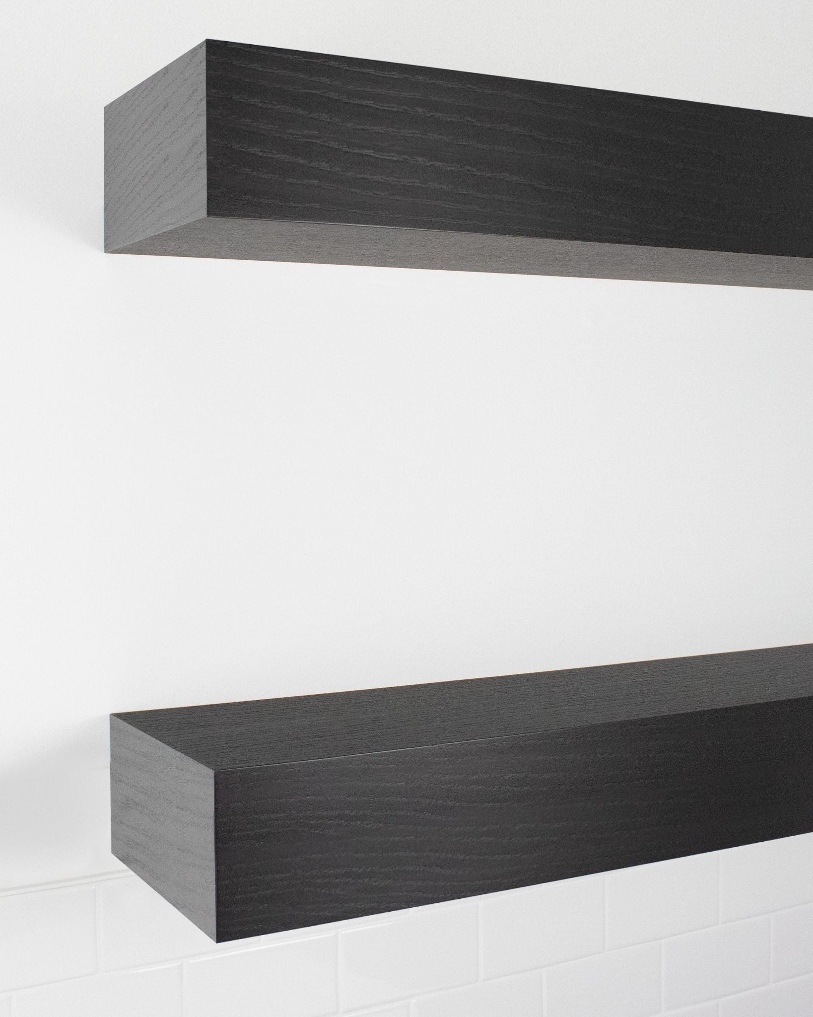 Chocolate espresso oak kitchen Floating Shelves 6 inch thick angle view