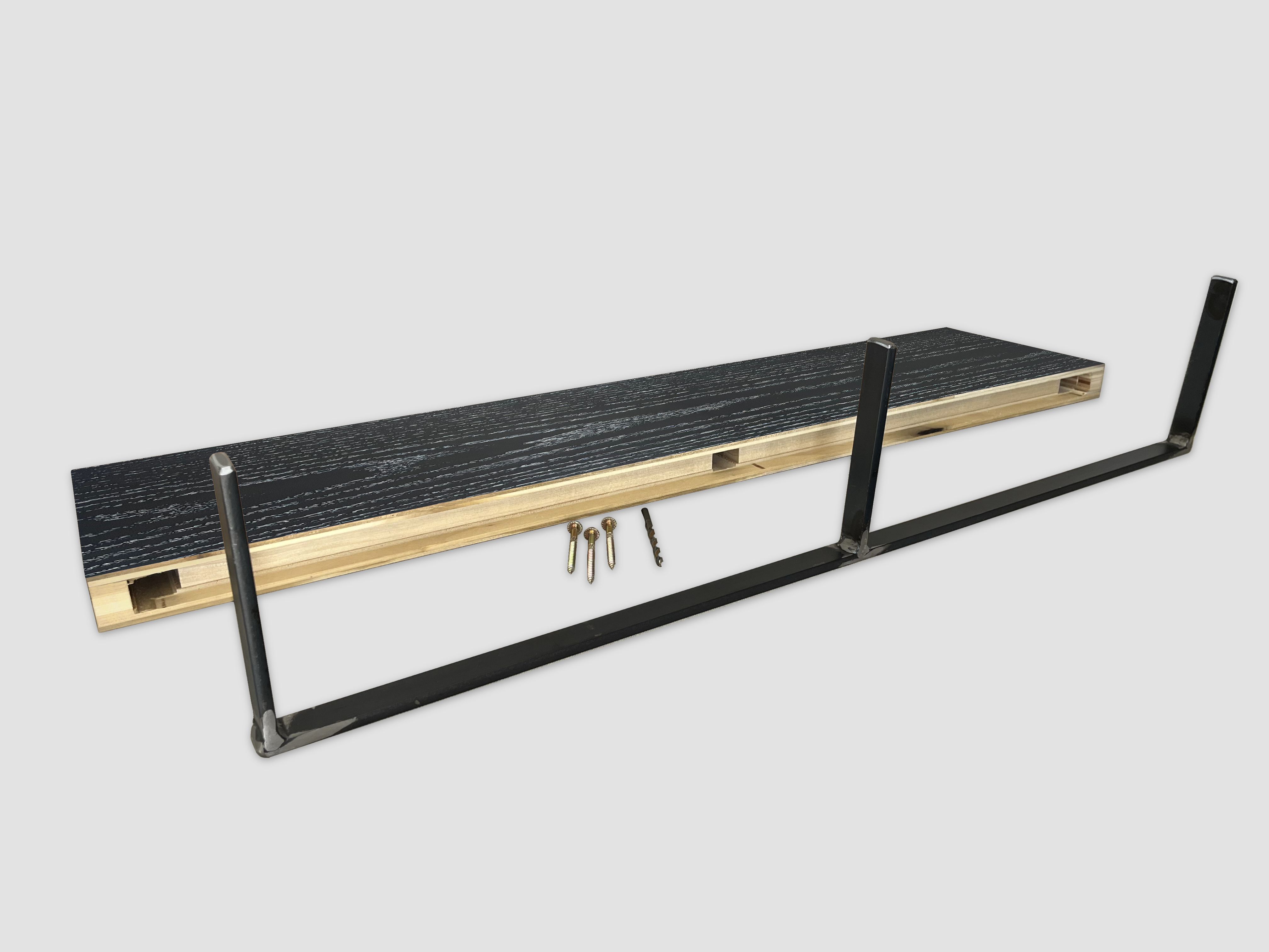 dark oak floating shelf back view with bracket and hardware