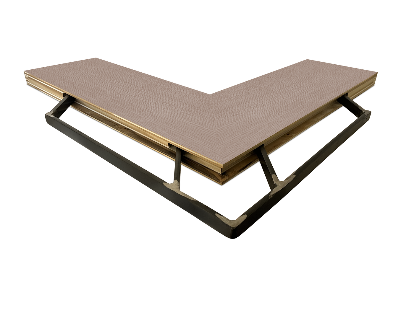 Driftwood Grey Oak inside corner mitered floating shelf view of back edge steel floating shelf bracket pockets