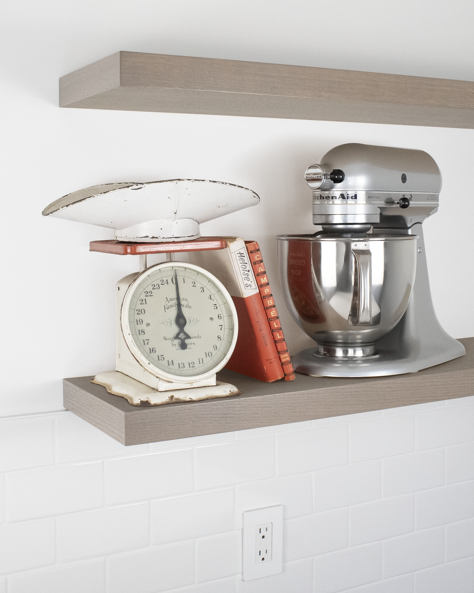 Driftwood Grey Oak kitchen Floating Shelf 1.75 inch thick with Mixer and scale angle view