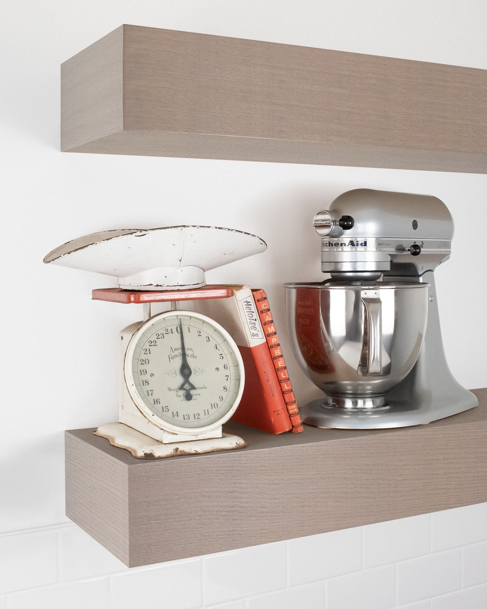 Driftwood Grey Oak kitchen Floating Shelf 6 inch thick with Mixer and scale angle view