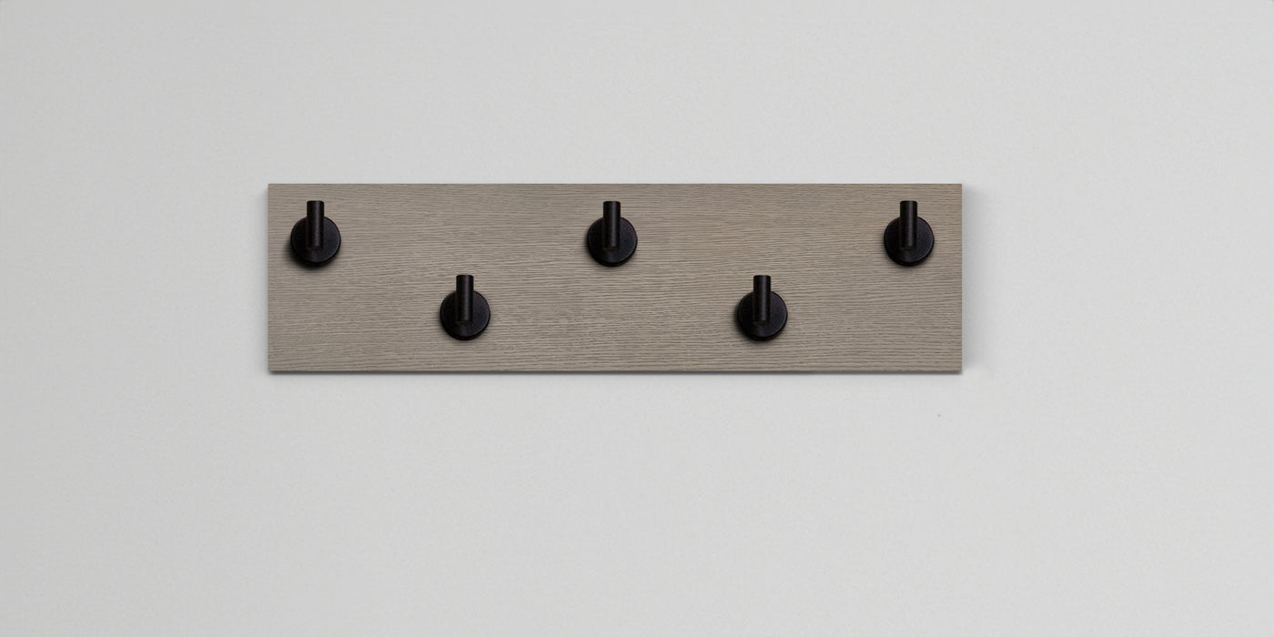 Driftwood Grey Oak wall hook rack 5 matte black hooks