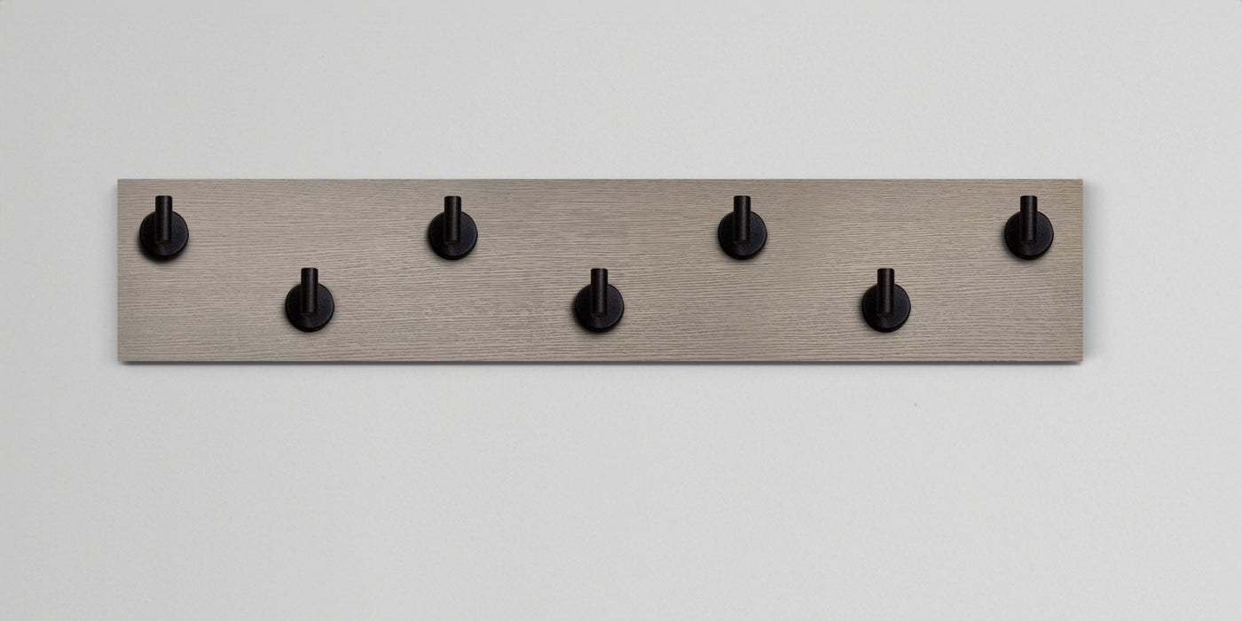 Driftwood Grey Oak wall hook rack 7 matte black hooks