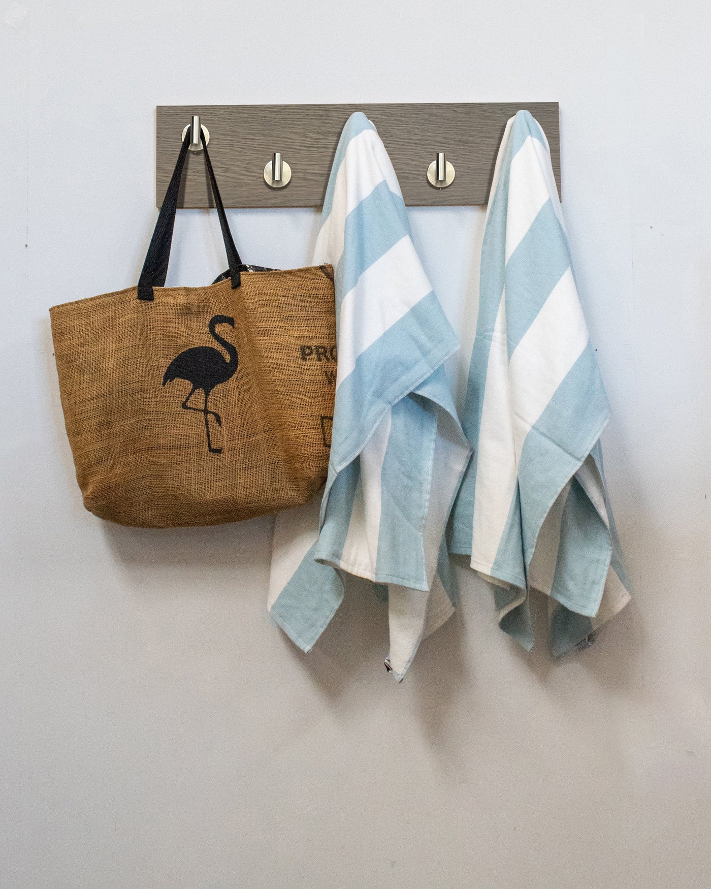 Driftwood Grey Oak wall hook rack brown tote bag with flamingo design and two striped towels hanging on 5 satin nickel hooks 