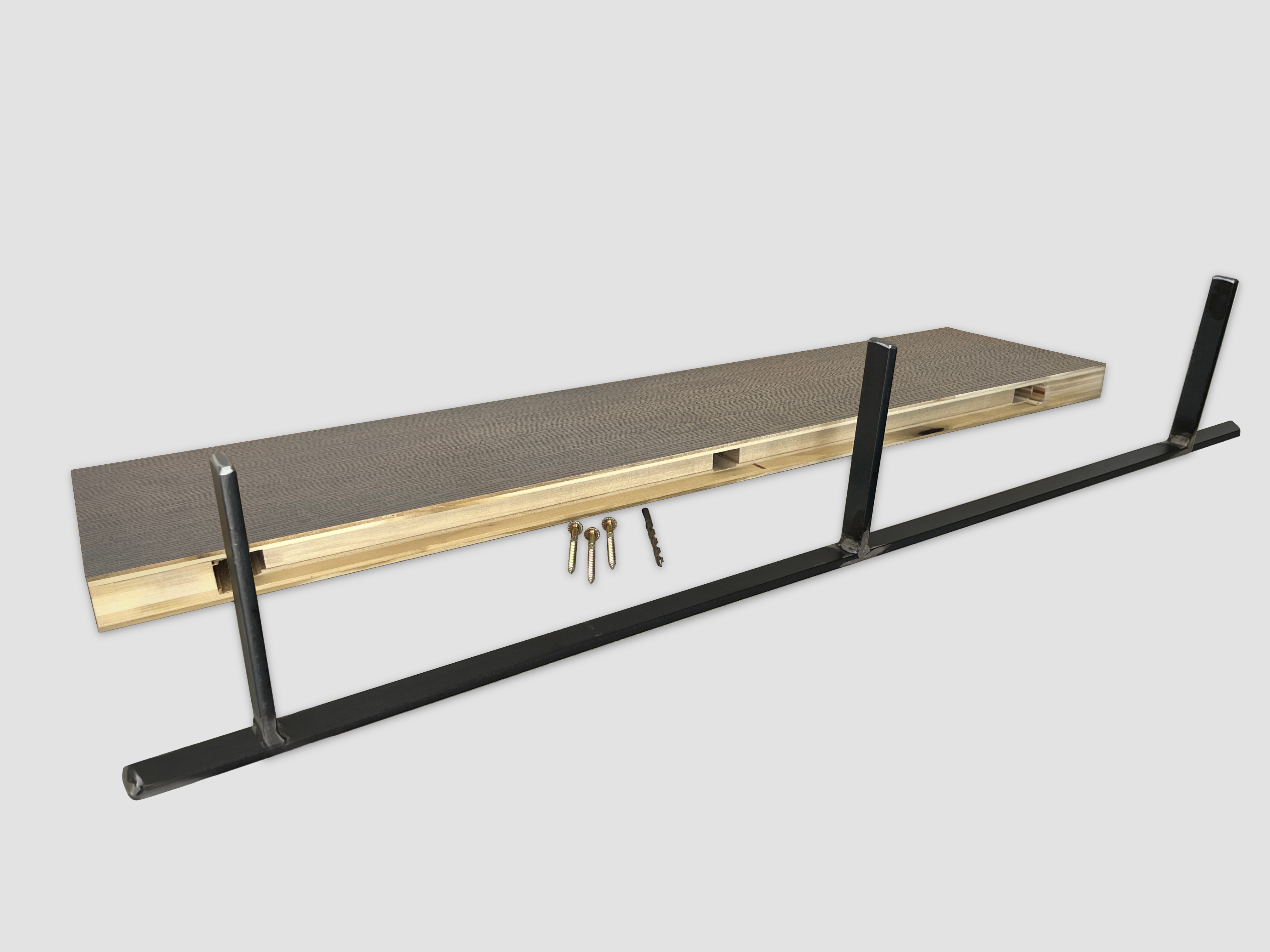 Driftwood Grey floating shelf back edge with metal bracket on a white background