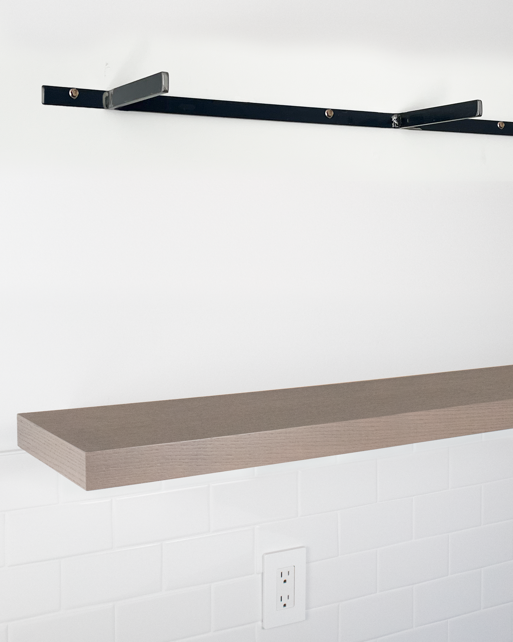 Driftwood grey oak floating shelf 1.75 inch thick angle view installed steel HW top