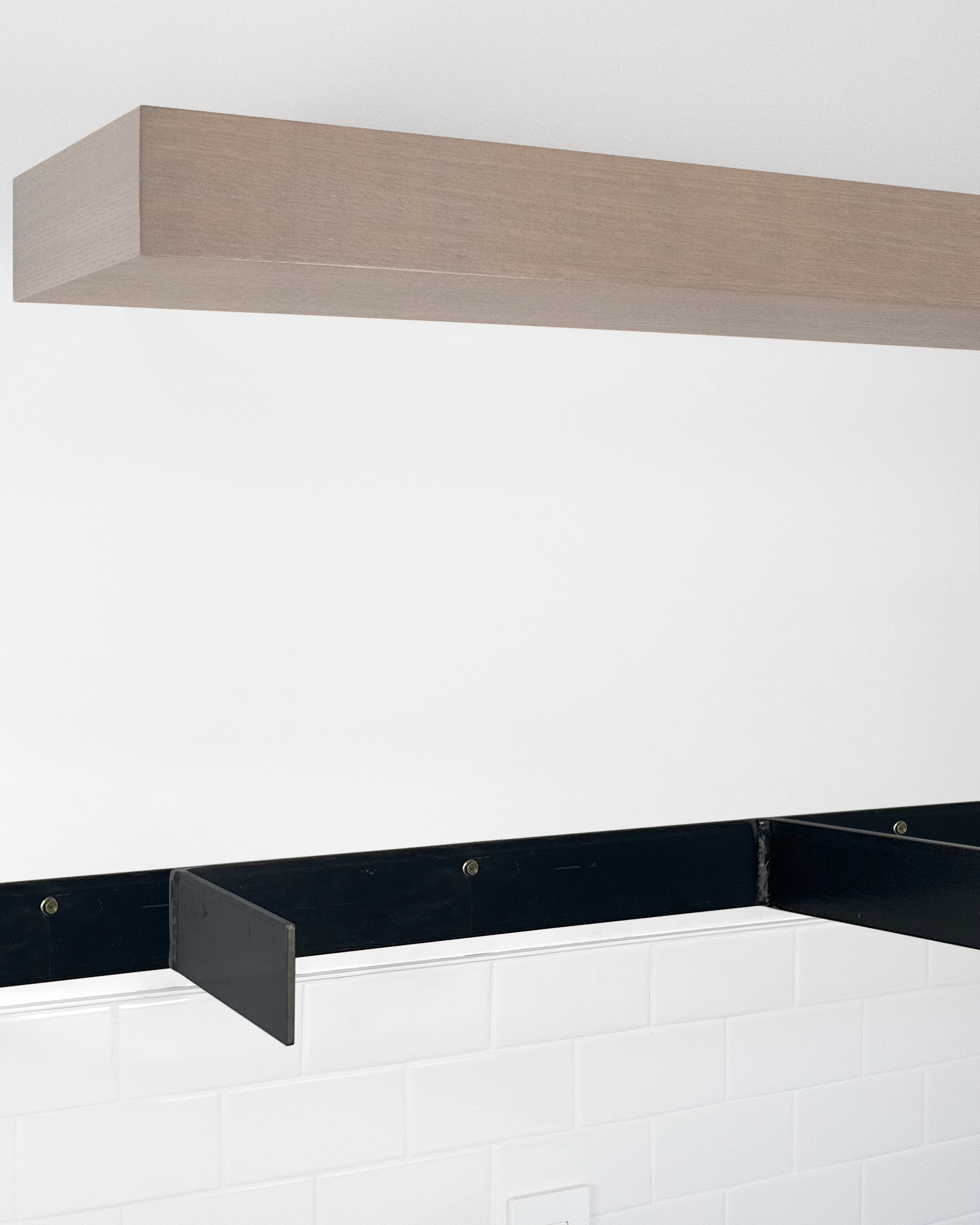 Driftwood grey oak floating shelf 4 inch thick angle view installed steel HW