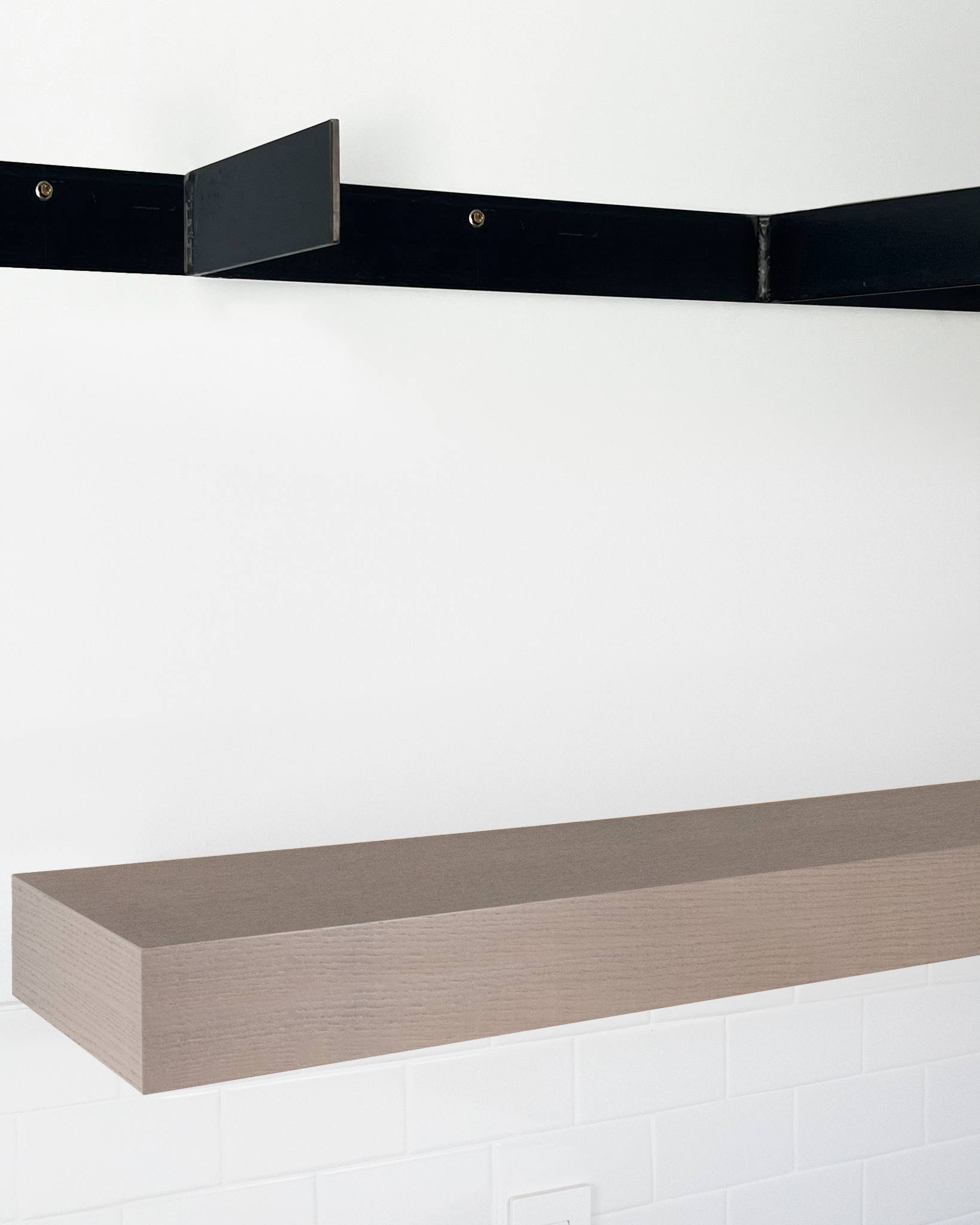 Driftwood grey oak floating shelf 4 inch thick angle view installed steel HW top