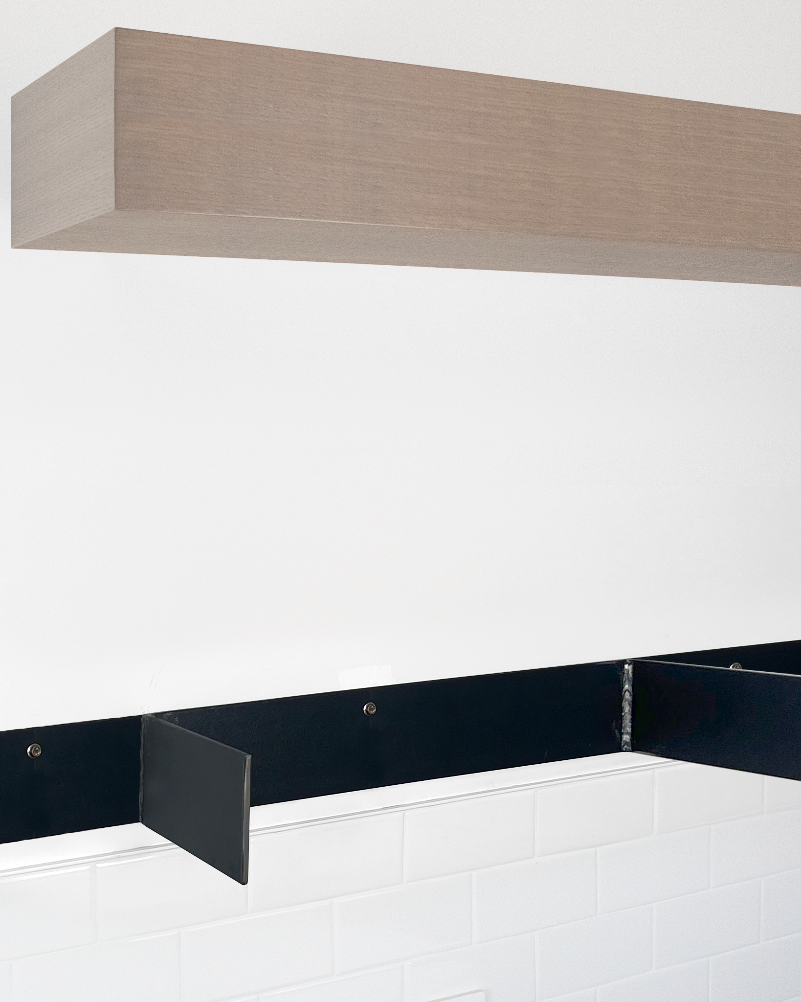 Driftwood grey oak floating shelf 6 inch thick angle view installed steel HW