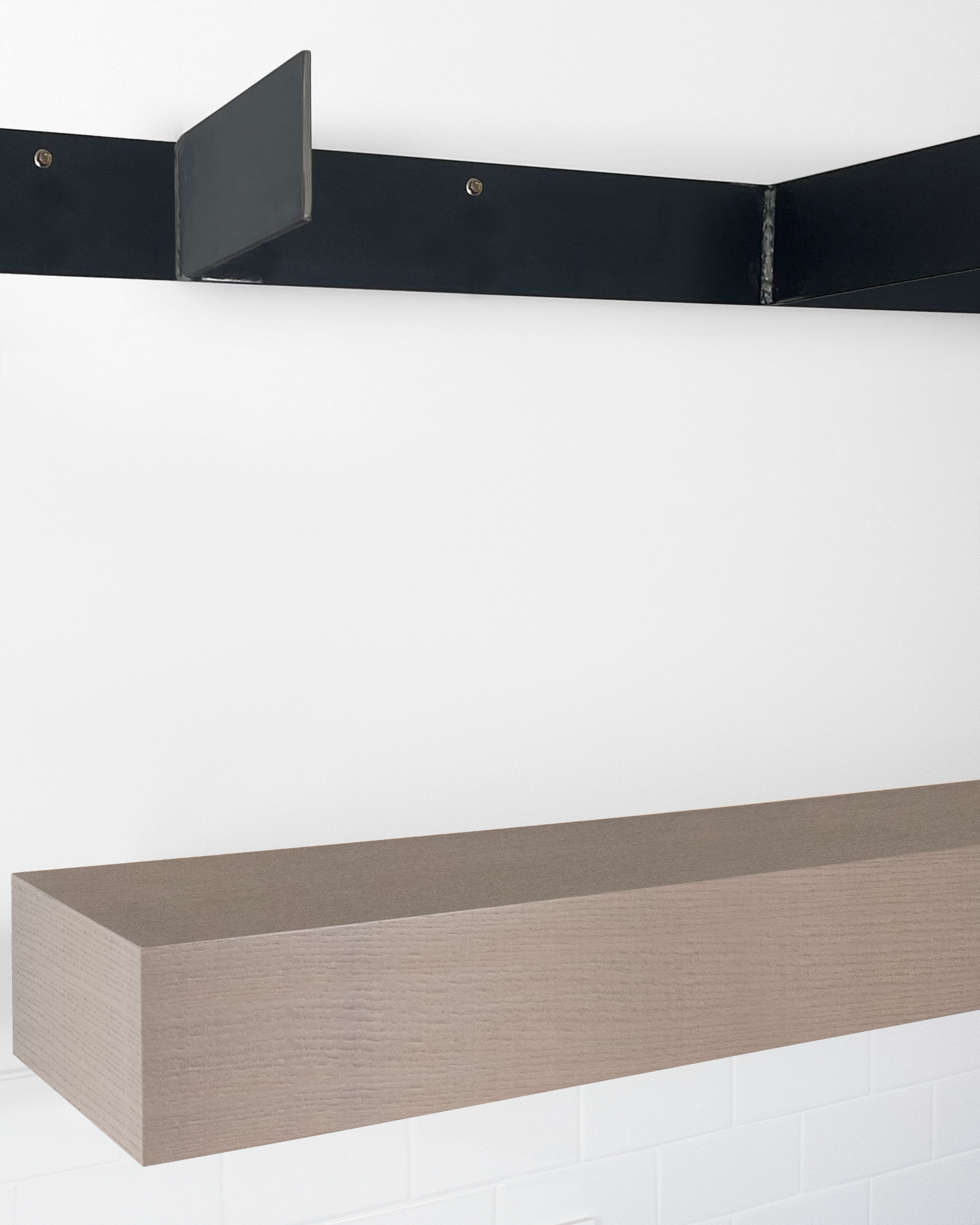Driftwood grey oak floating shelf 6 inch thick angle view installed steel HW top