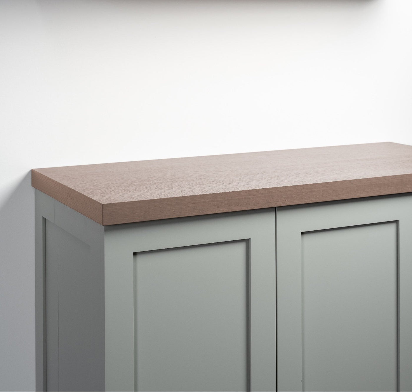 Driftwood grey slab cabinet top front angle view
