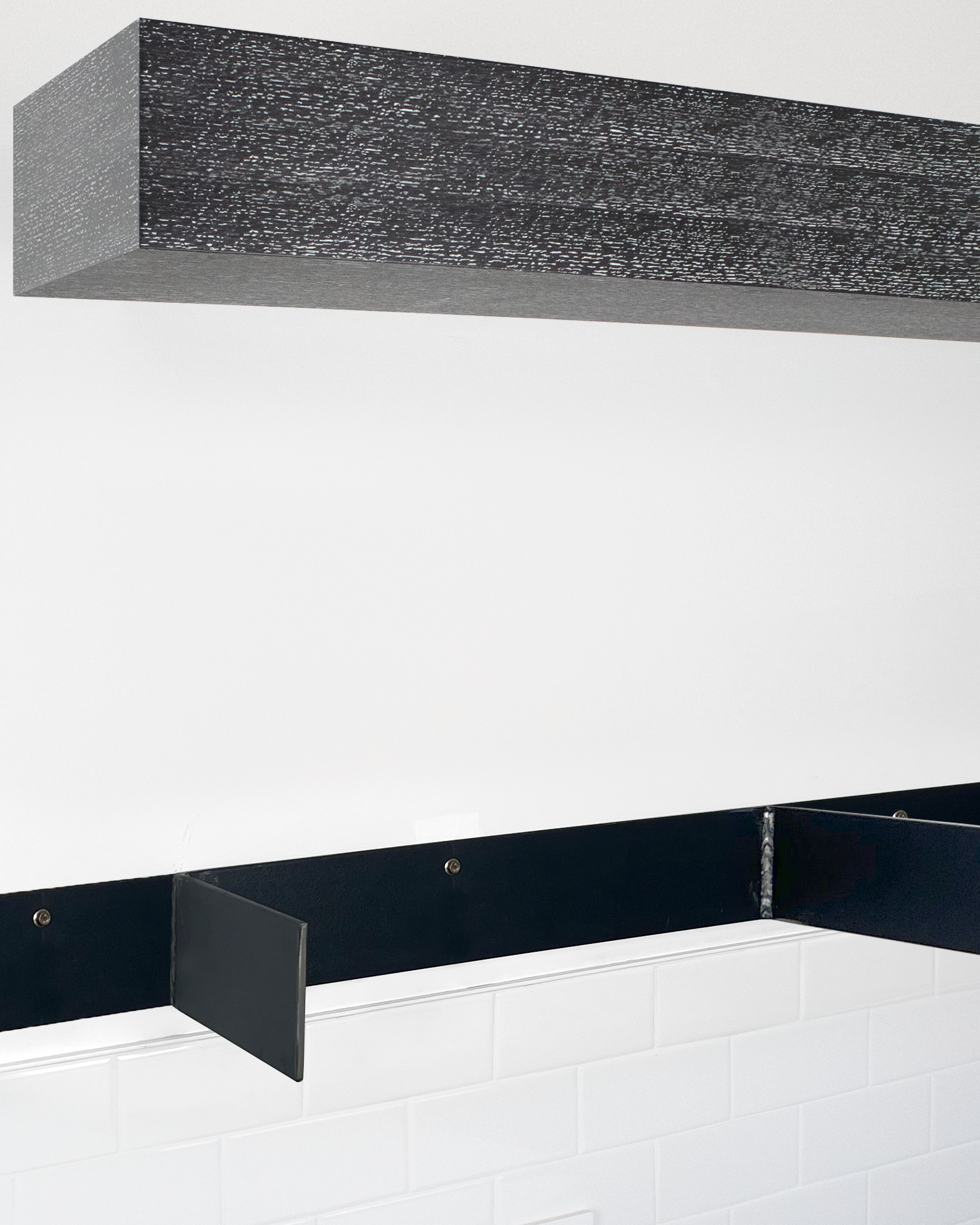 Ebonized cerused oak floating shelf 4.1-6 inch thick angle view installed steel HW