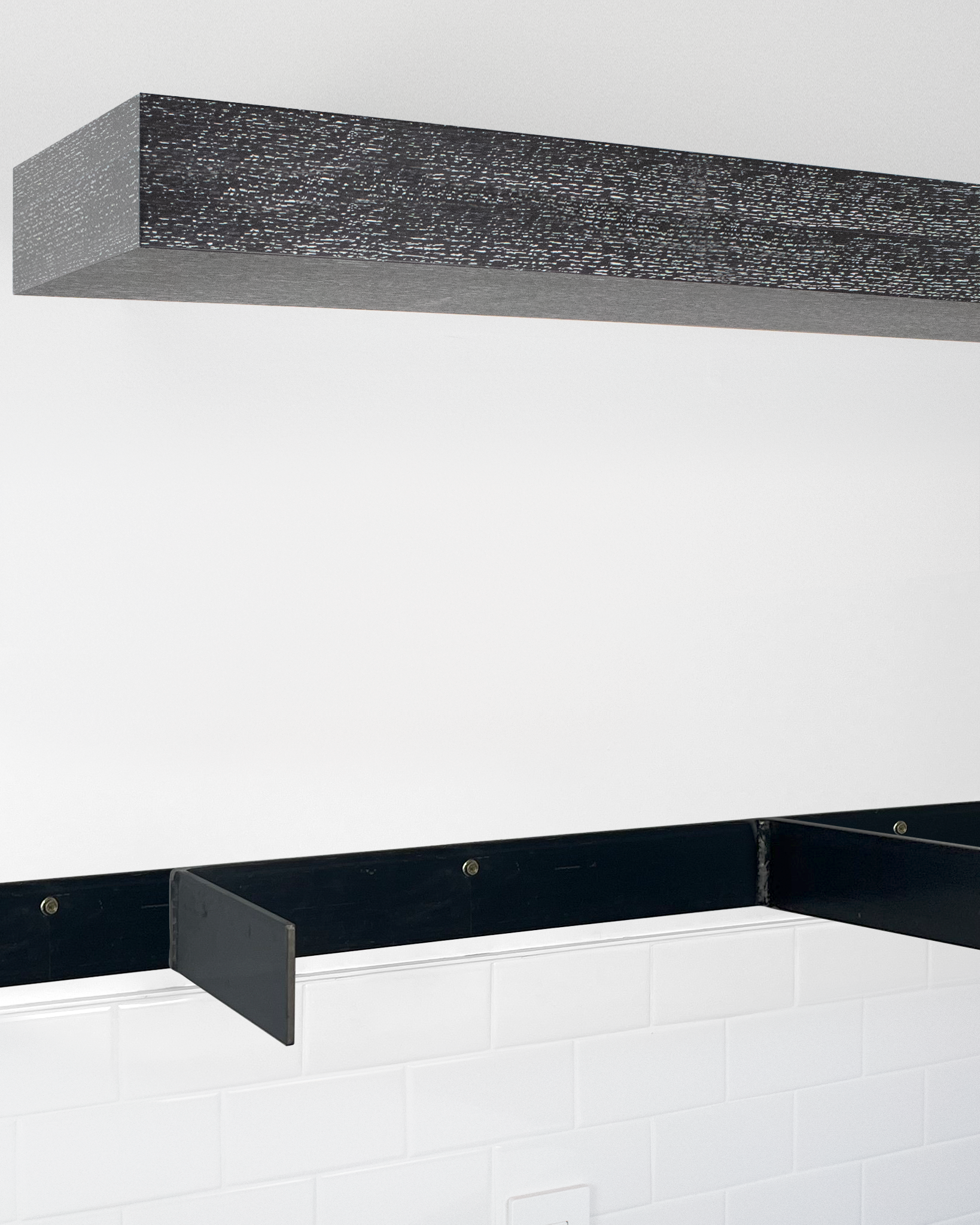 Ebonized cerused oak floating shelf 4 inch thick angle view installed steel HW