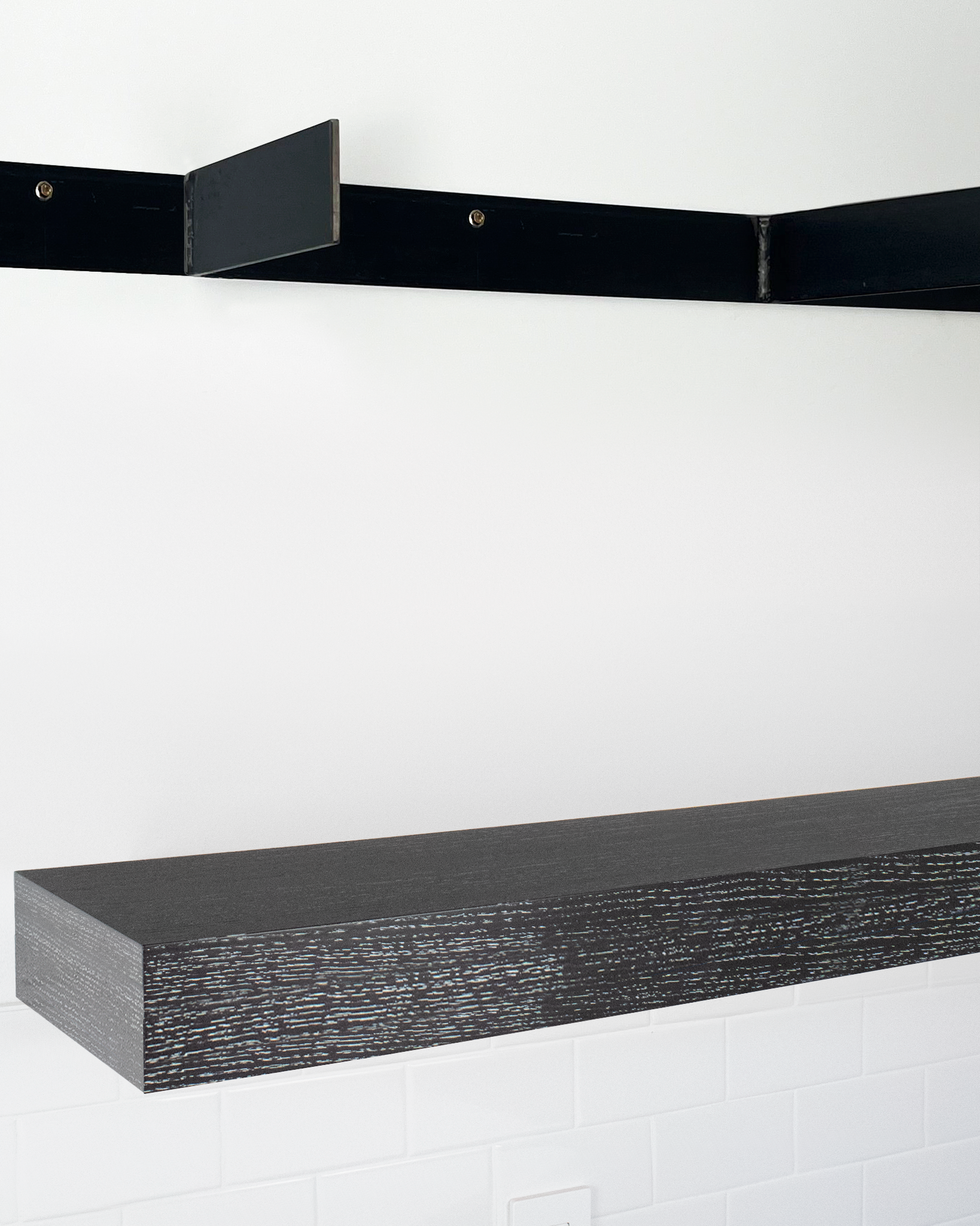 Ebonized cerused oak floating shelf 4 inch thick angle view installed steel HW top
