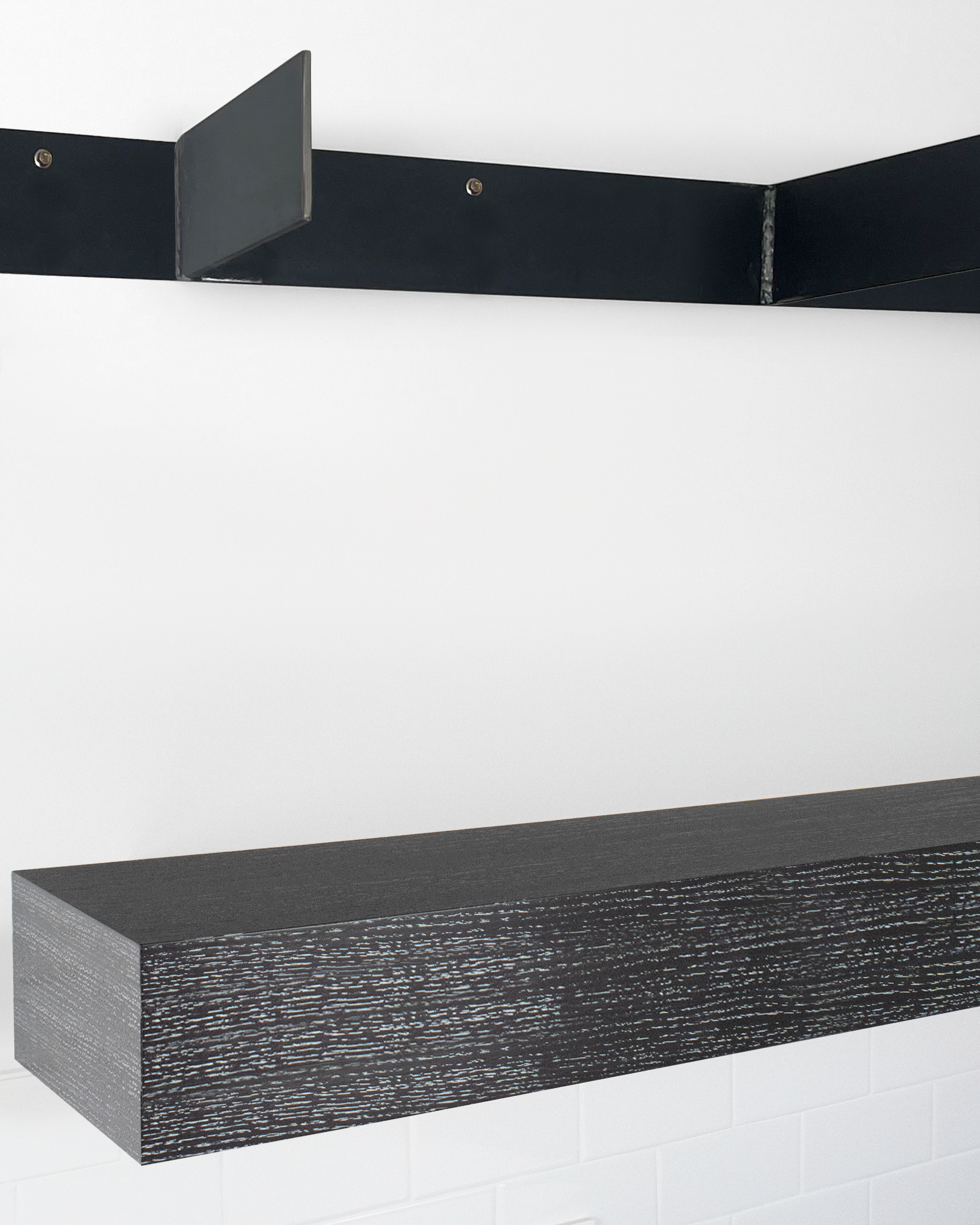 Ebonized cerused oak floating shelf 6 inch thick angle view installed steel HW top