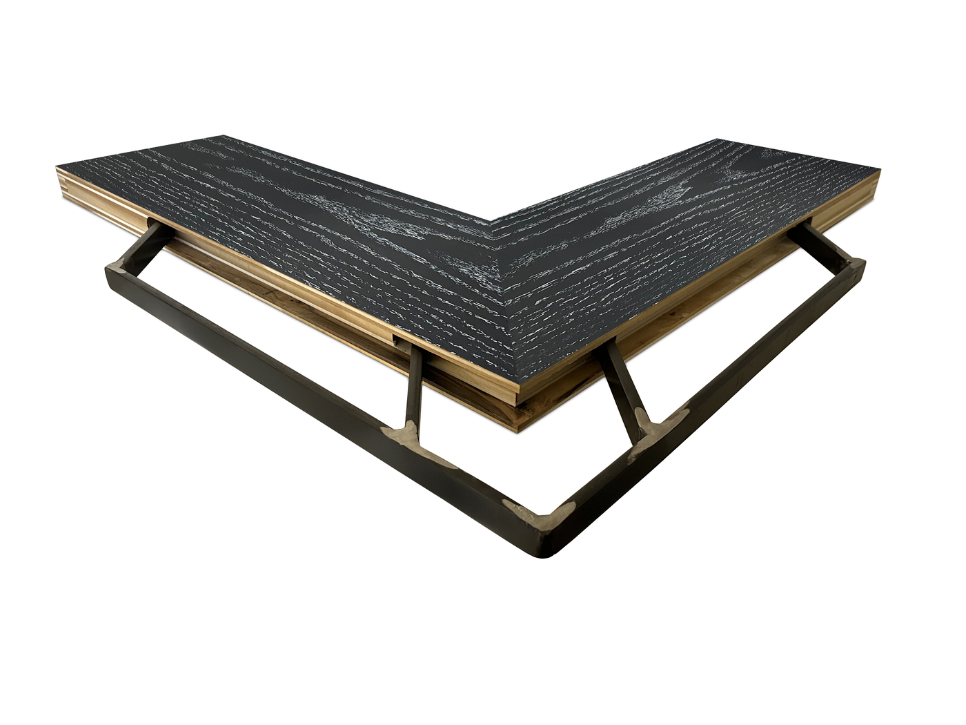 Ebonized cerused oak inside corner mitered floating shelf view of back edge steel floating shelf bracket pockets