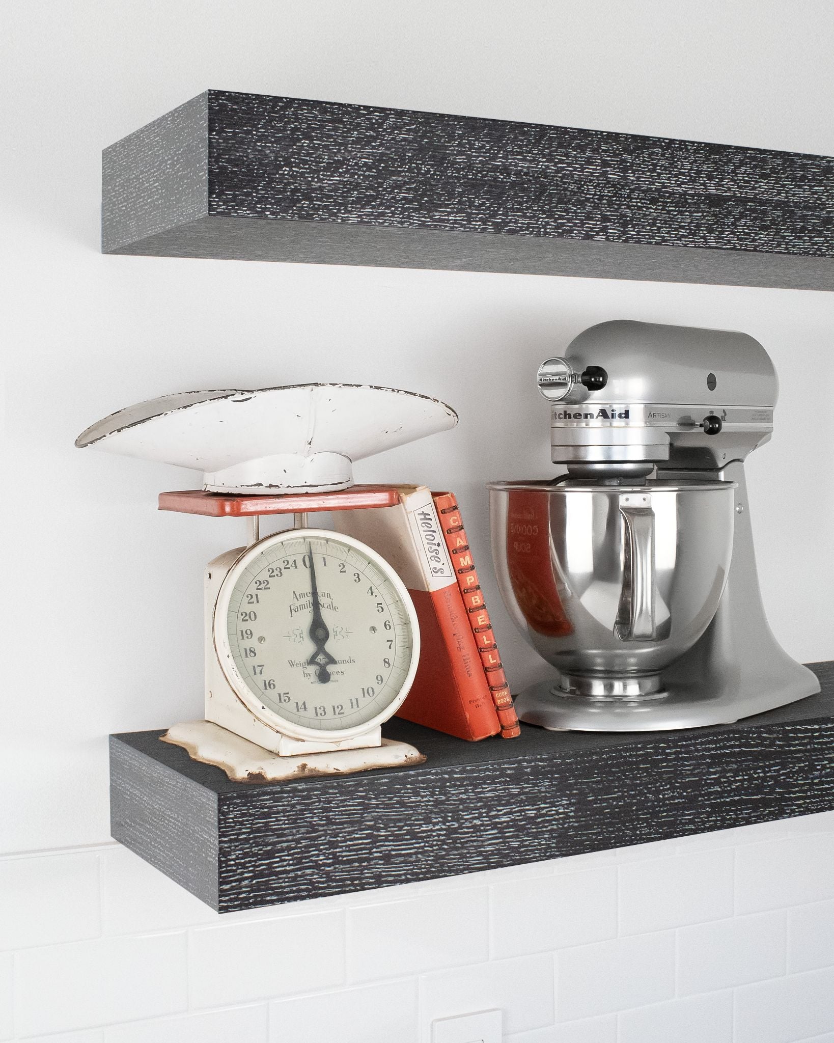 Ebonized cerused oak kitchen Floating Shelf 4 inch thick with Mixer and scale angle view
