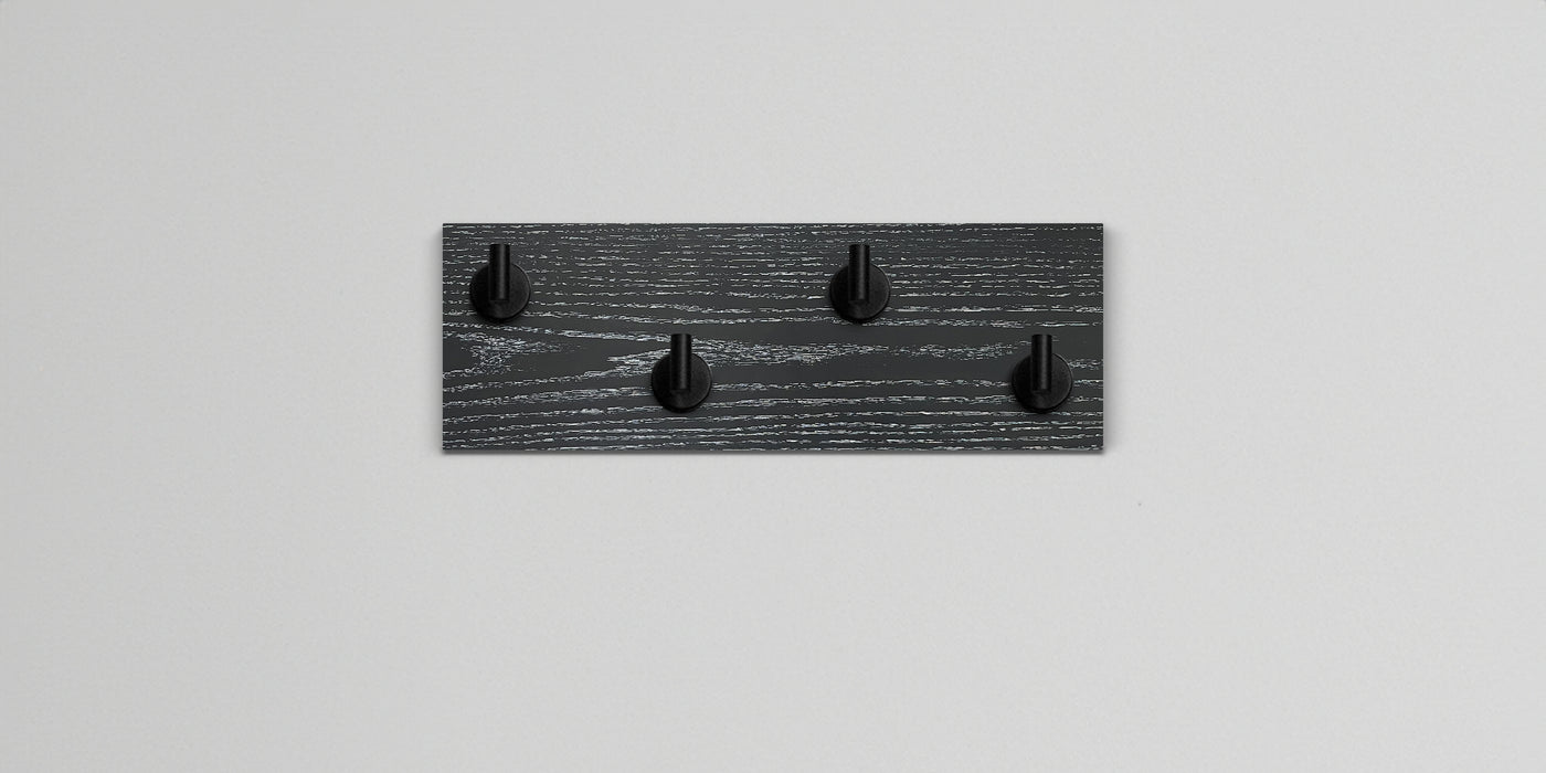 Ebonized cerused oak wall hook rack 4 matte black hooks
