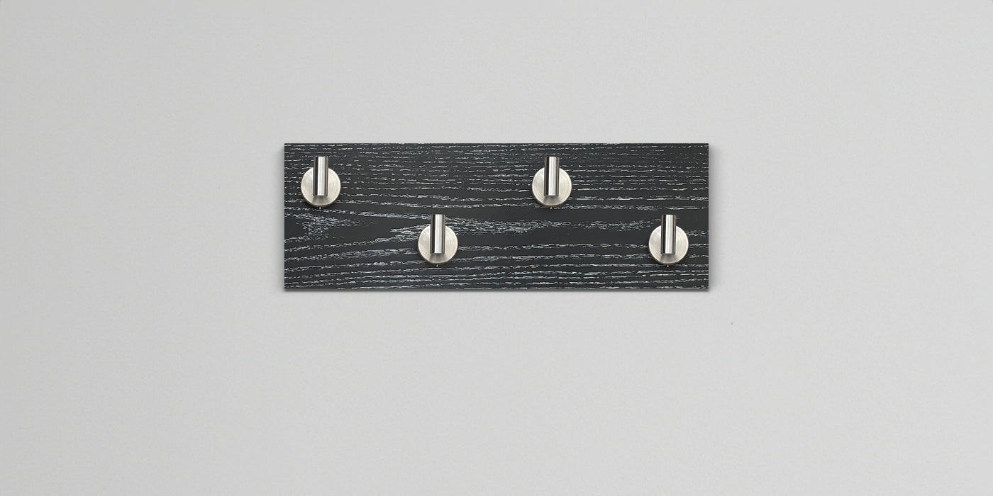 Ebonized cerused oak wall hook rack 4 satin nickel hooks