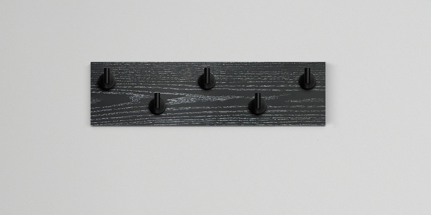 Ebonized cerused oak wall hook rack 5 matte black hooks