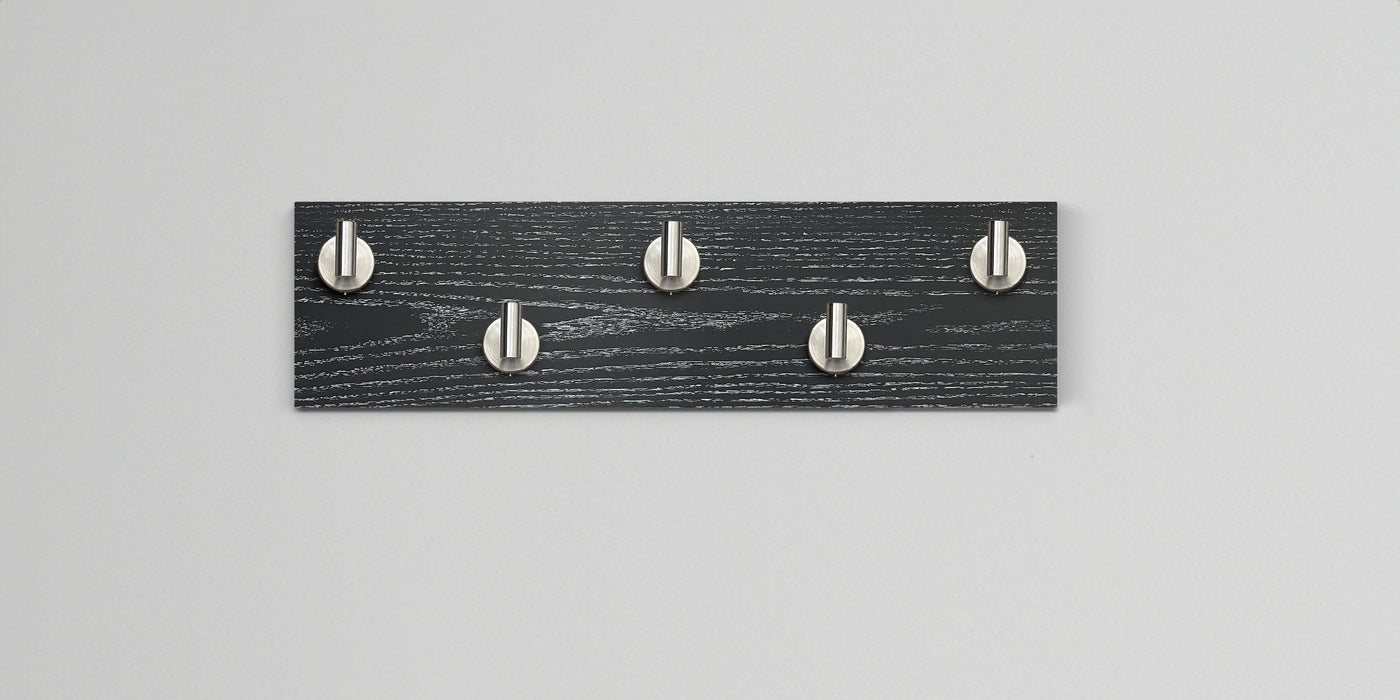 Ebonized cerused oak wall hook rack 5 satin nickel hooks