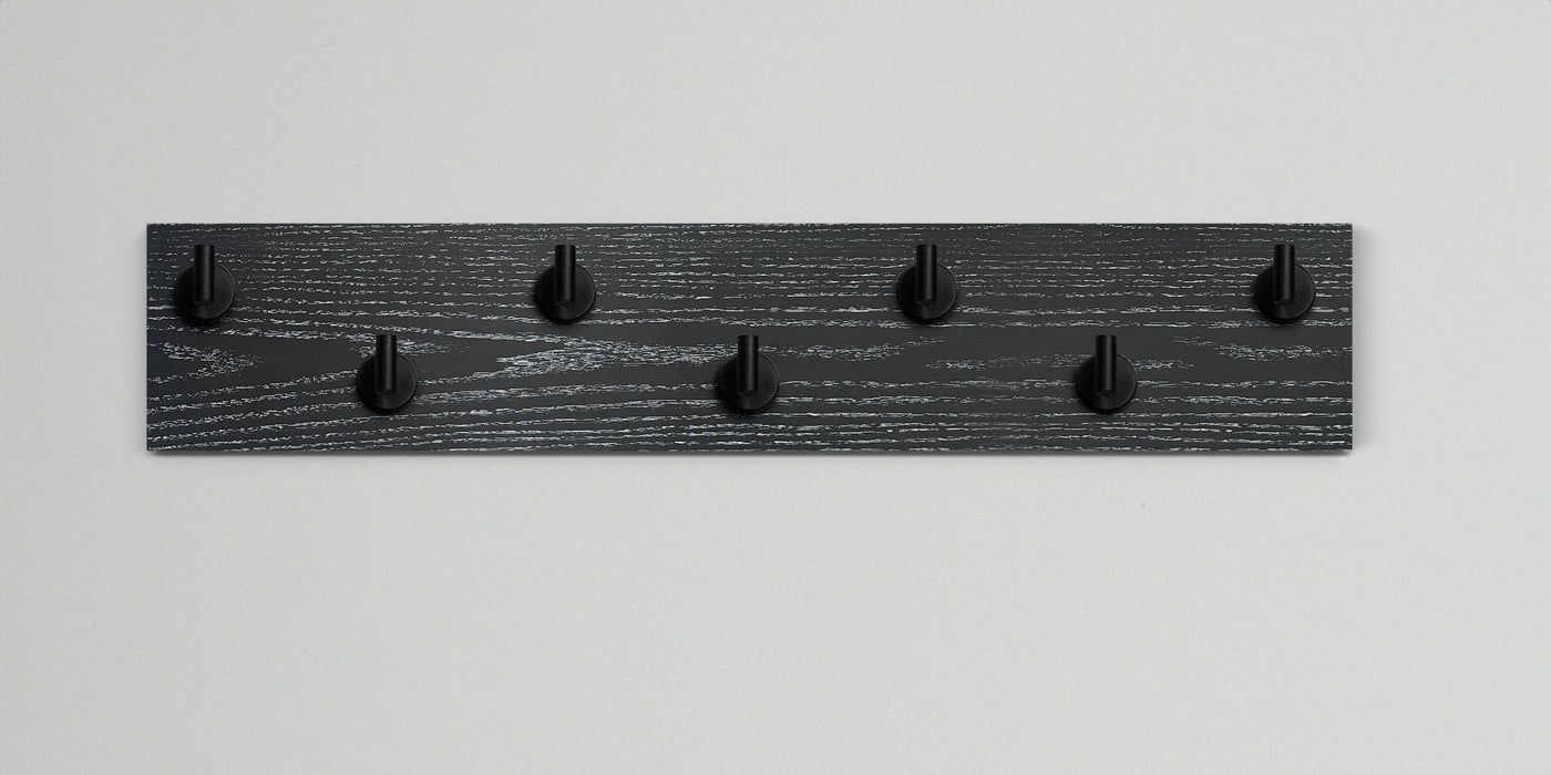 Ebonized cerused oak wall hook rack 7 matte black hooks