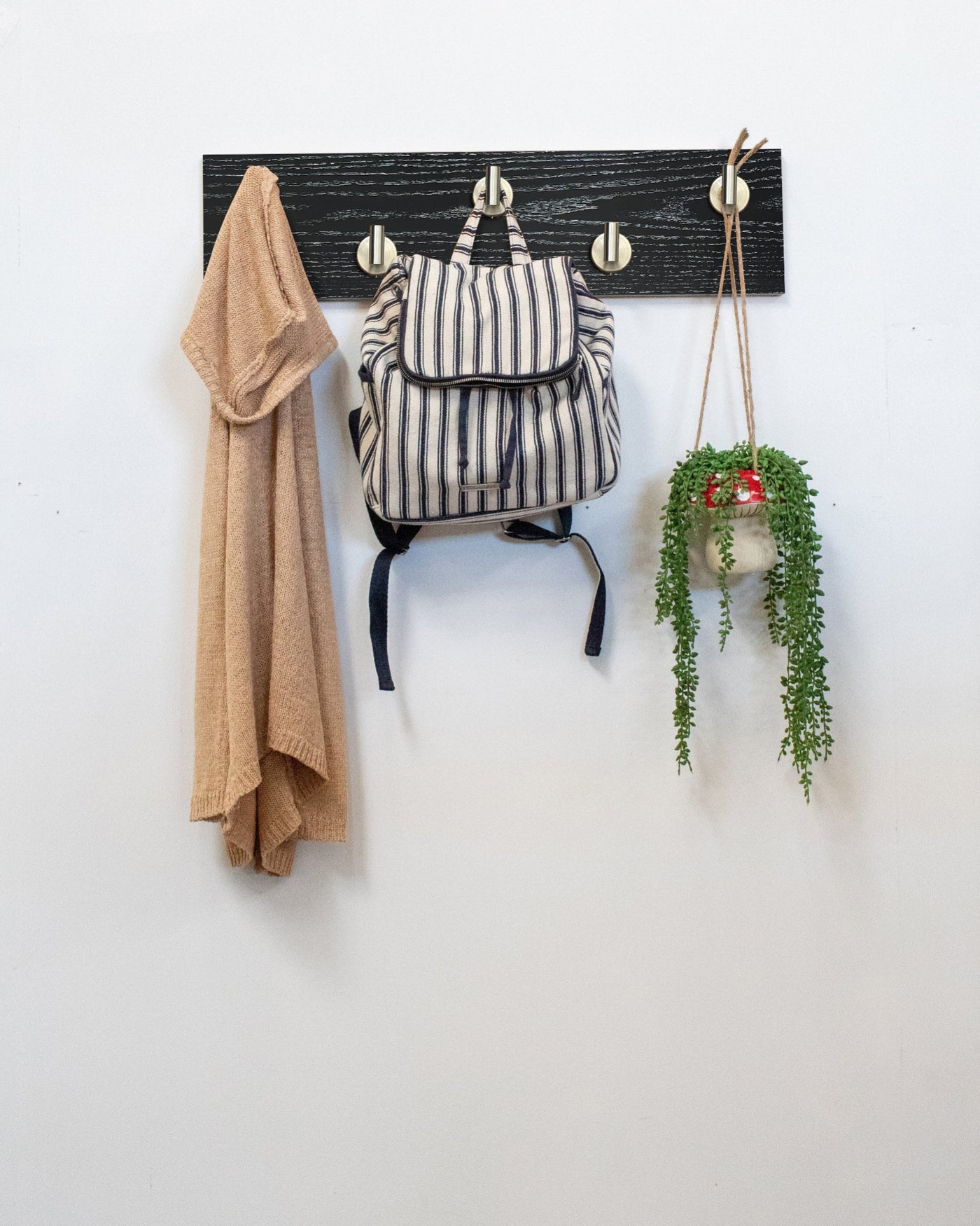 Ebonized cerused wall hook rack satin nickel hooks with a backpack, coat, and plant