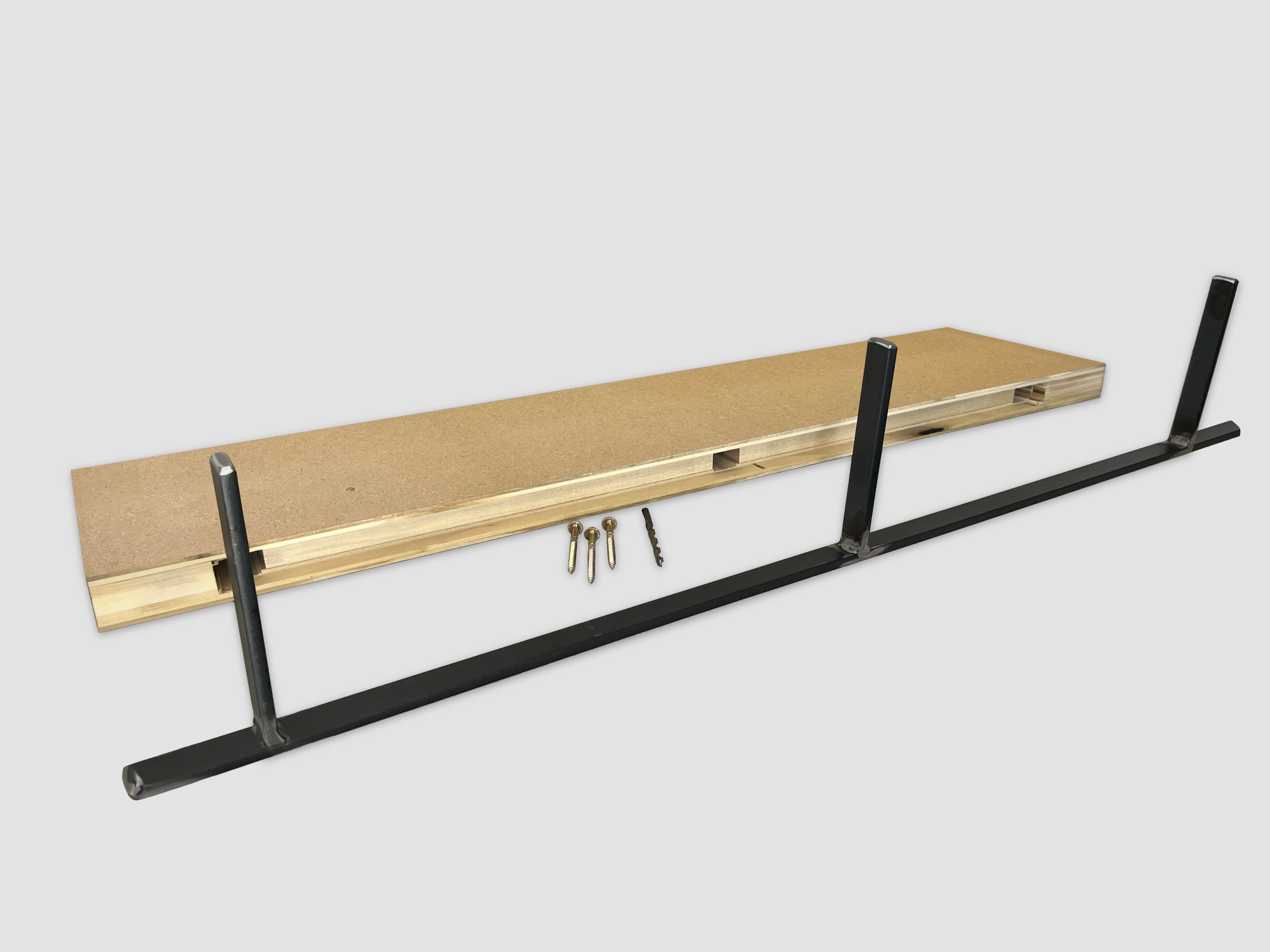 MDF floating shelf back edge with metal bracket on a white background