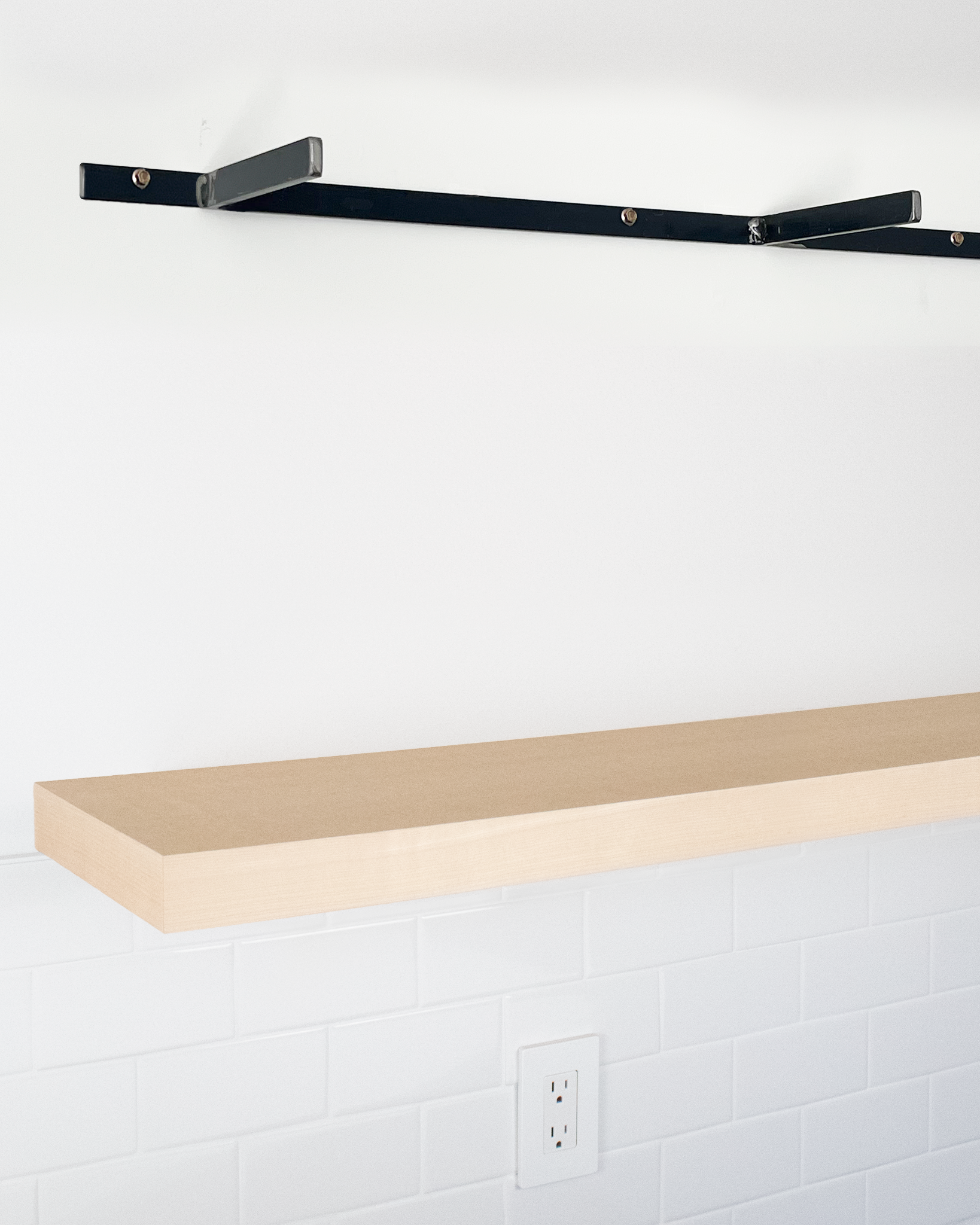 MDF floating shelf 1.75 inch thick angle view installed steel HW top