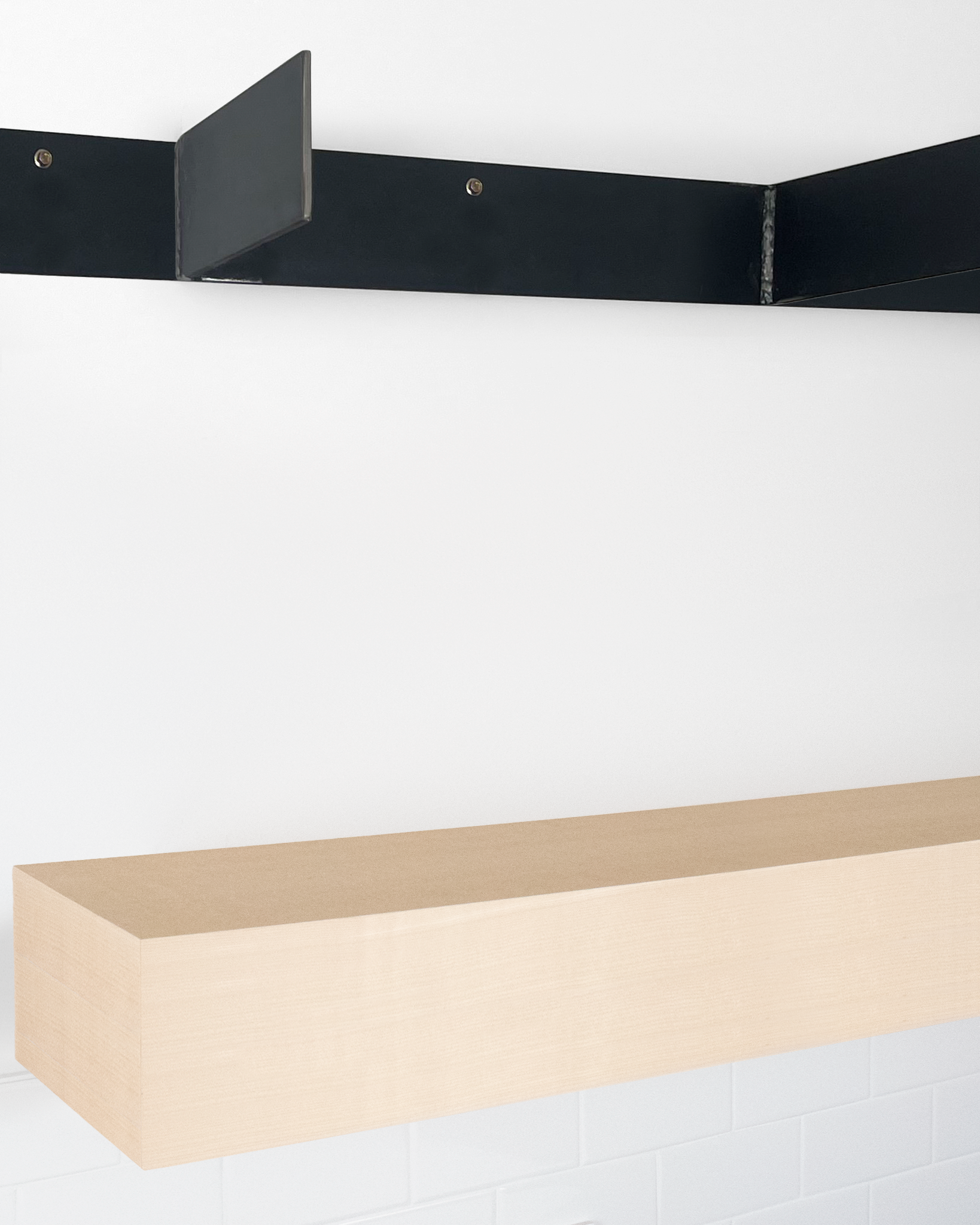 MDF floating shelf 6 inch thick angle view installed steel HW top