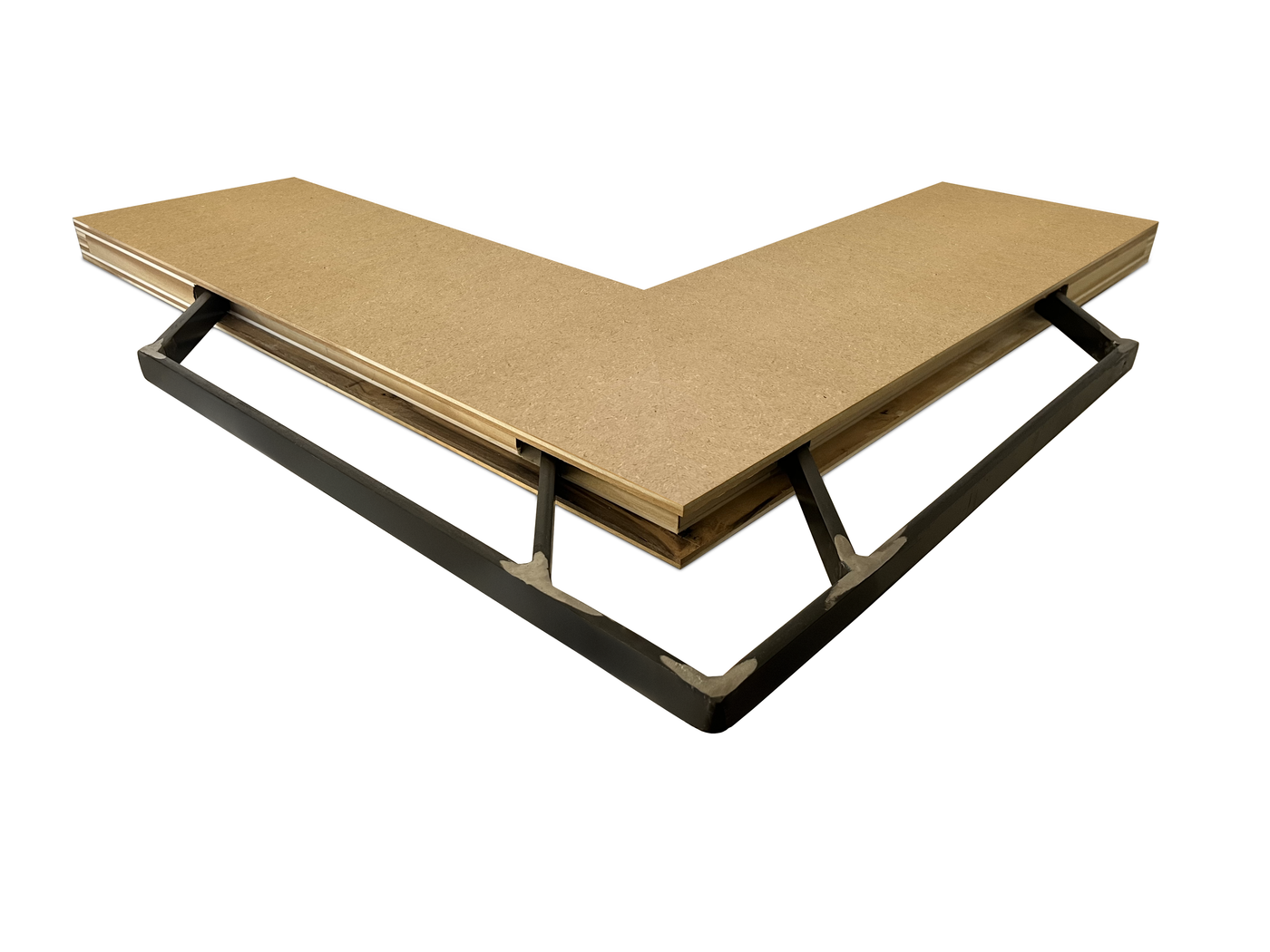 MDF inside corner mitered floating shelf view of back edge steel floating shelf bracket pockets