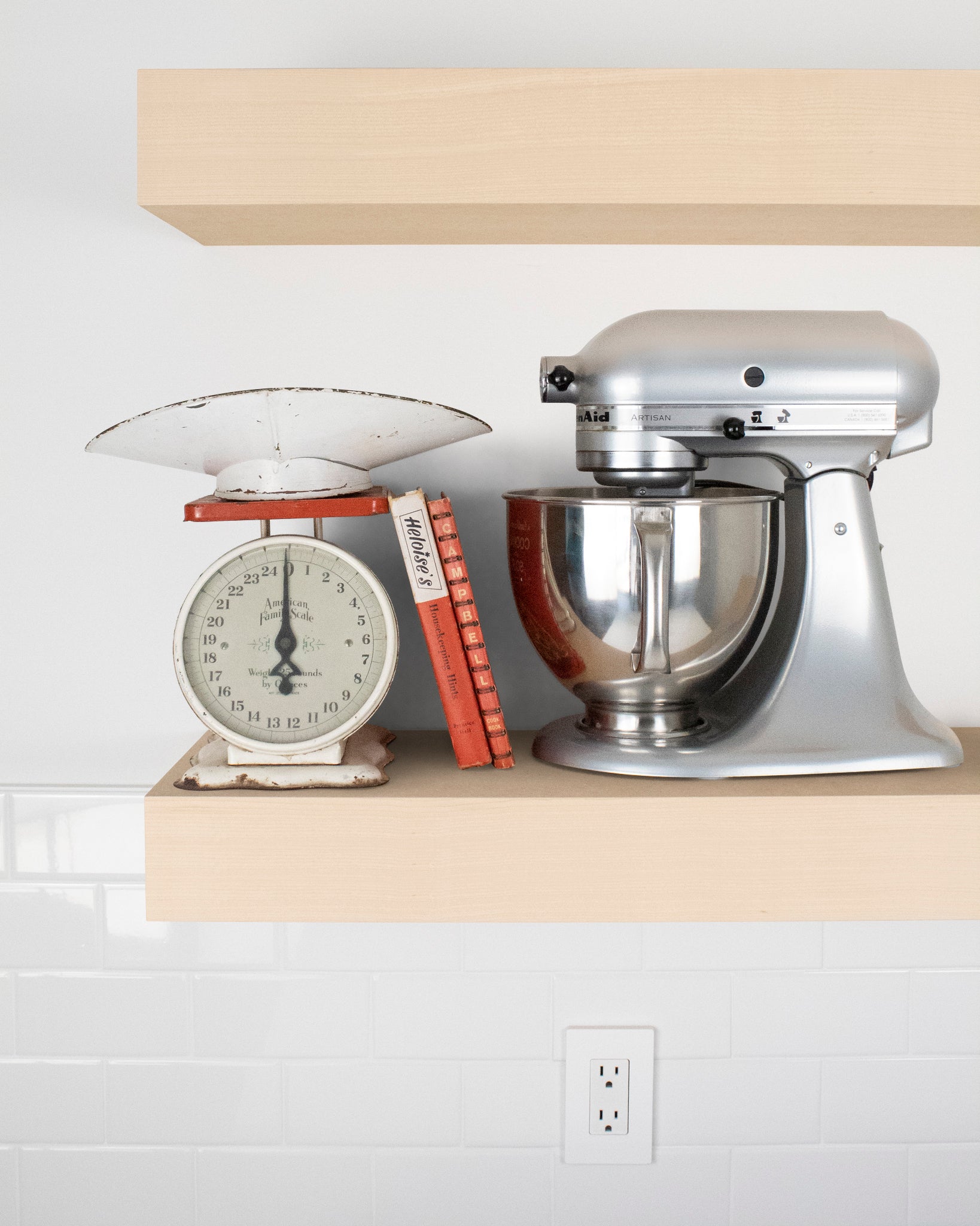 MDF kitchen Floating Shelf 4 inch thick with Mixer and scale front view