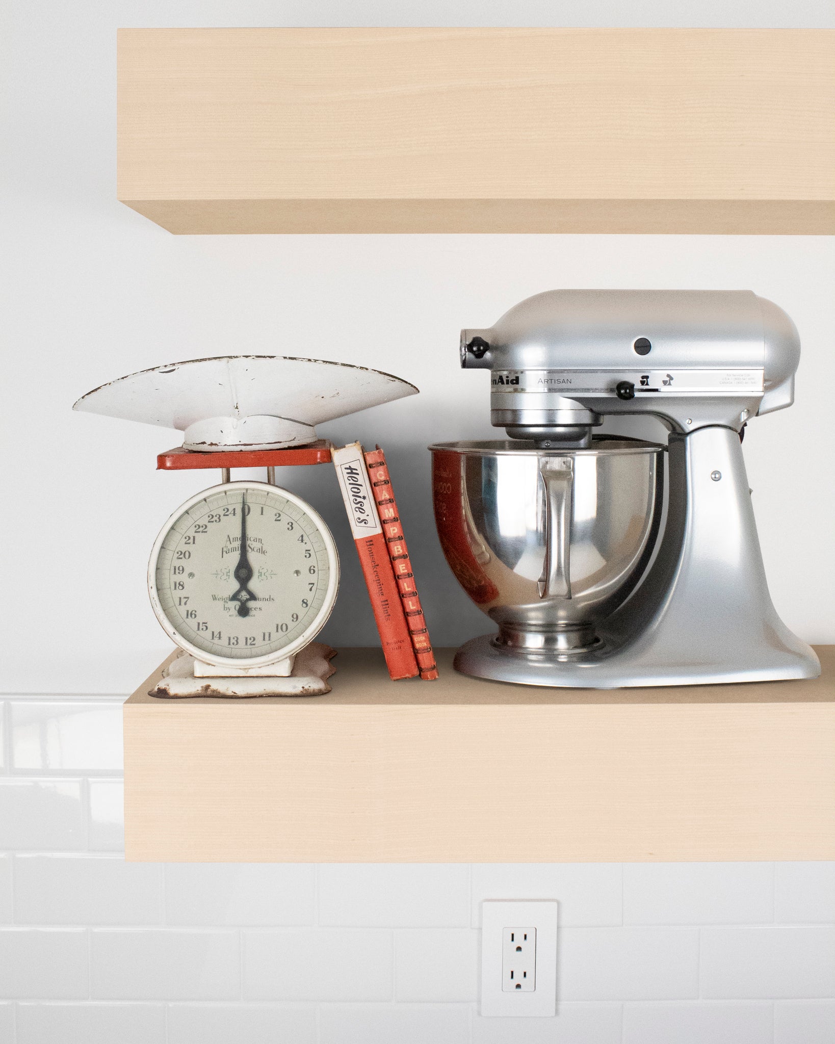 MDF kitchen Floating Shelf 6 inch thick with Mixer and scale front view