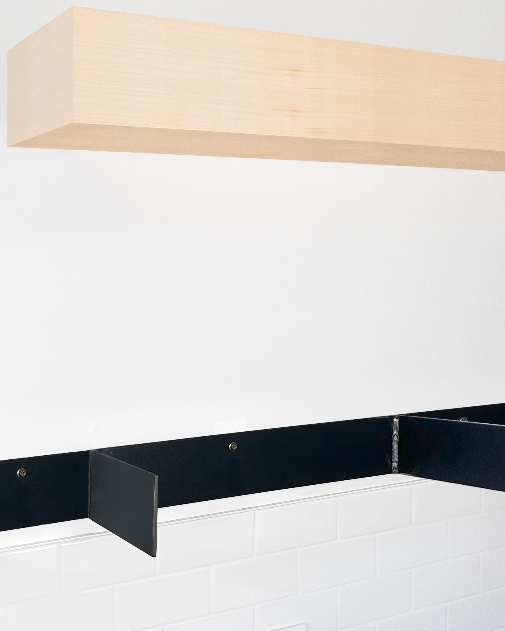 Maple floating shelf 6 inch thick angle view installed steel HW