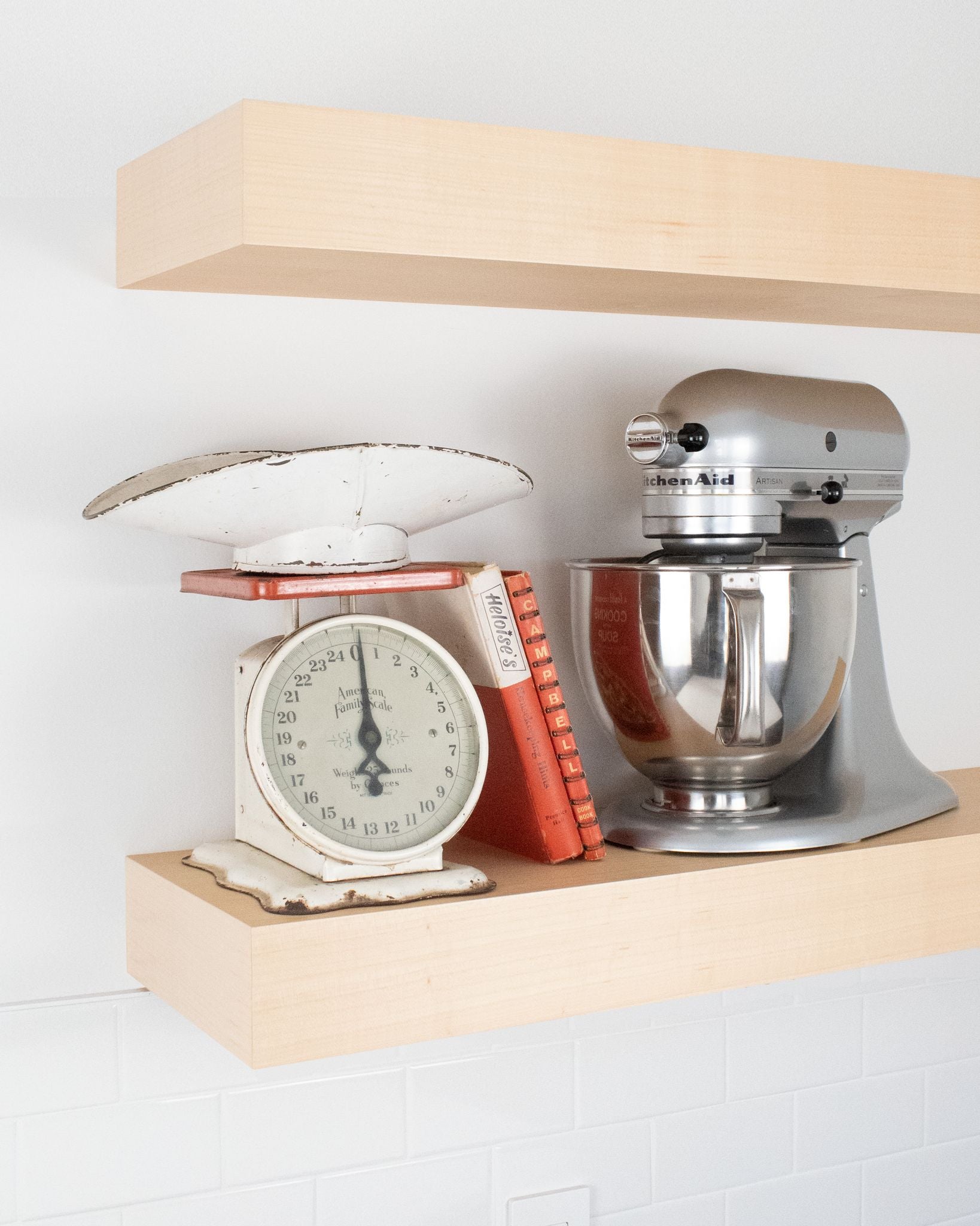 Maple Wood kitchen Floating Shelf 4 inch thick with Mixer and scale angle view