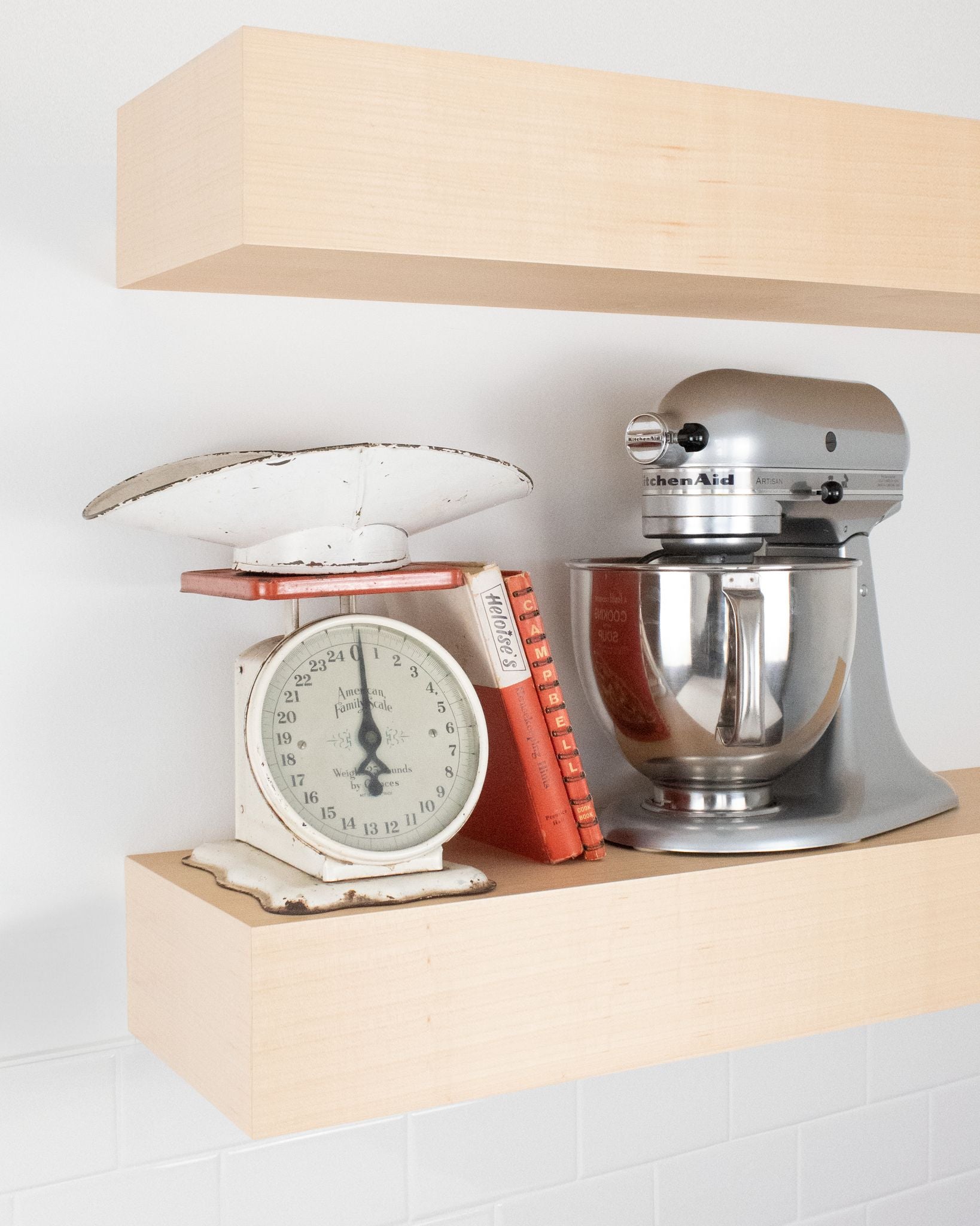 Maple Wood kitchen Floating Shelf 6 inch thick with Mixer and scale angle view