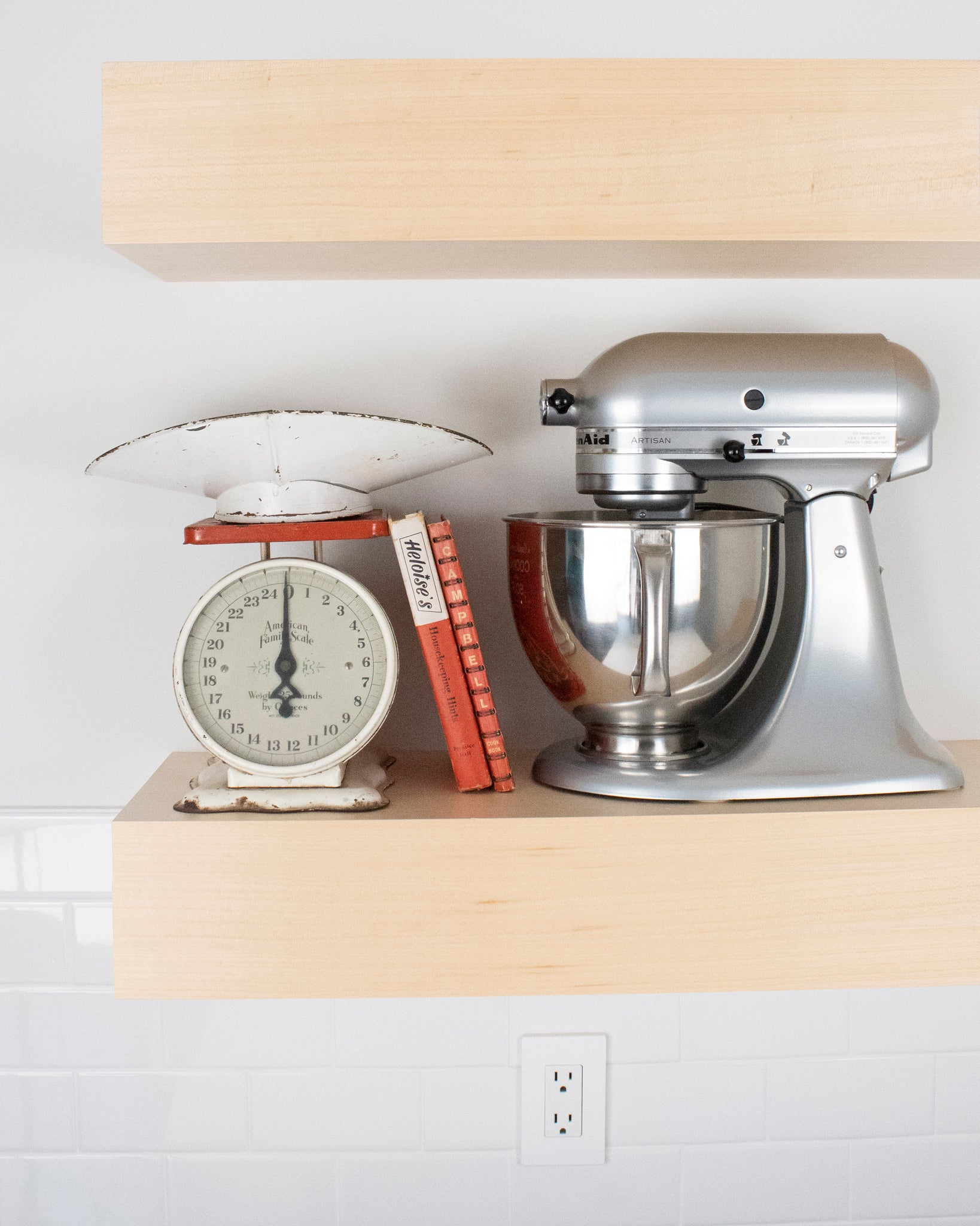 Maple Wood kitchen Floating Shelf 6 inch thick with Mixer and scale front view