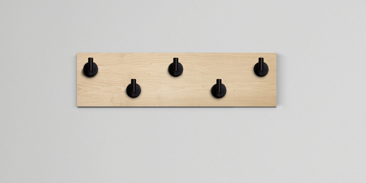 Maple Wood wall hook rack with 5 matte black hooks