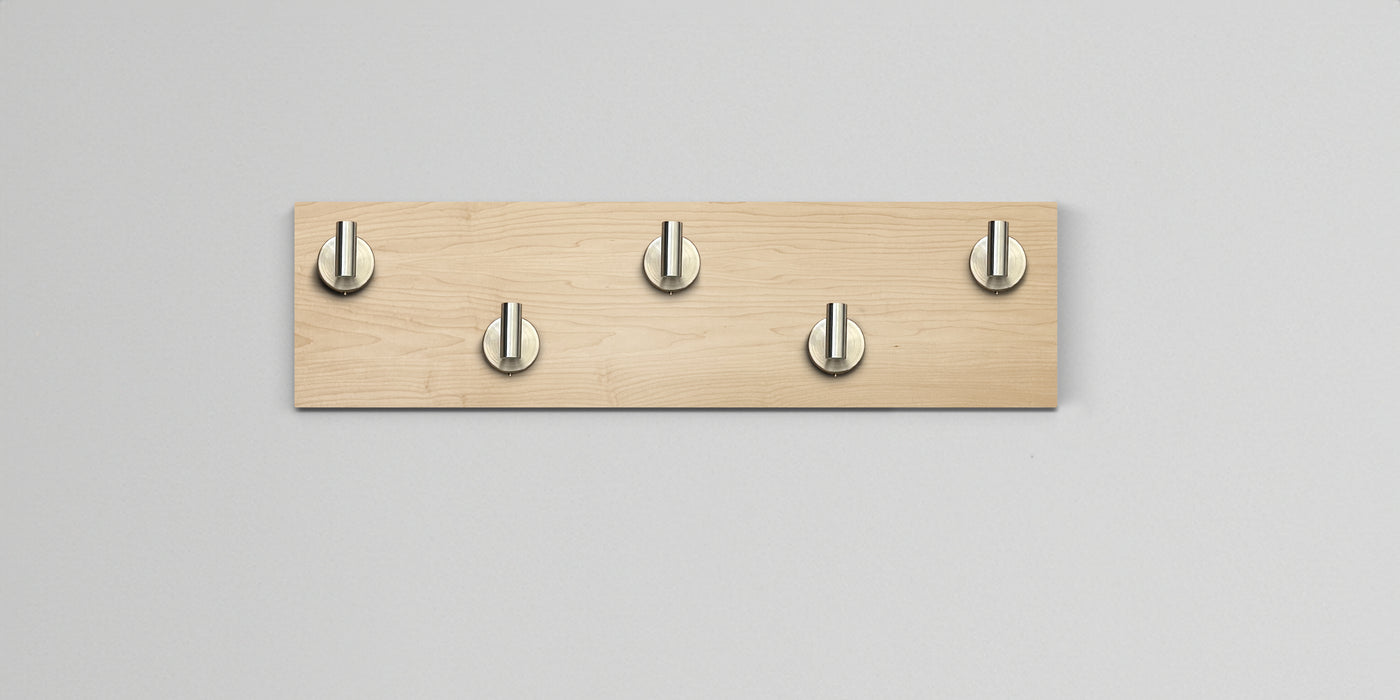 Maple Wood wall hook rack with 5 satin nickel hooks