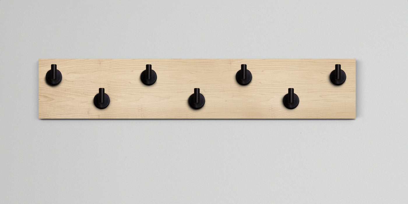 Maple Wood wall hook rack with 7 matte black hooks