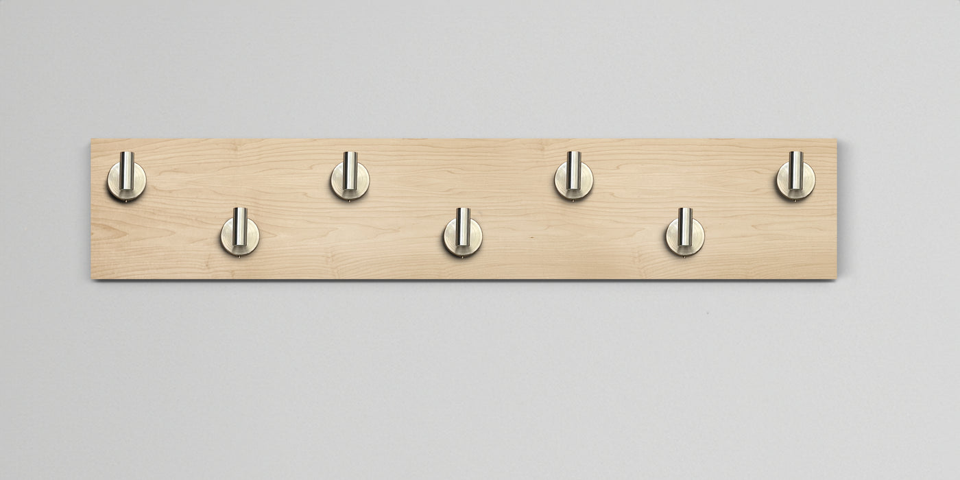 Maple Wood wall hook rack with 7 satin nickel hooks