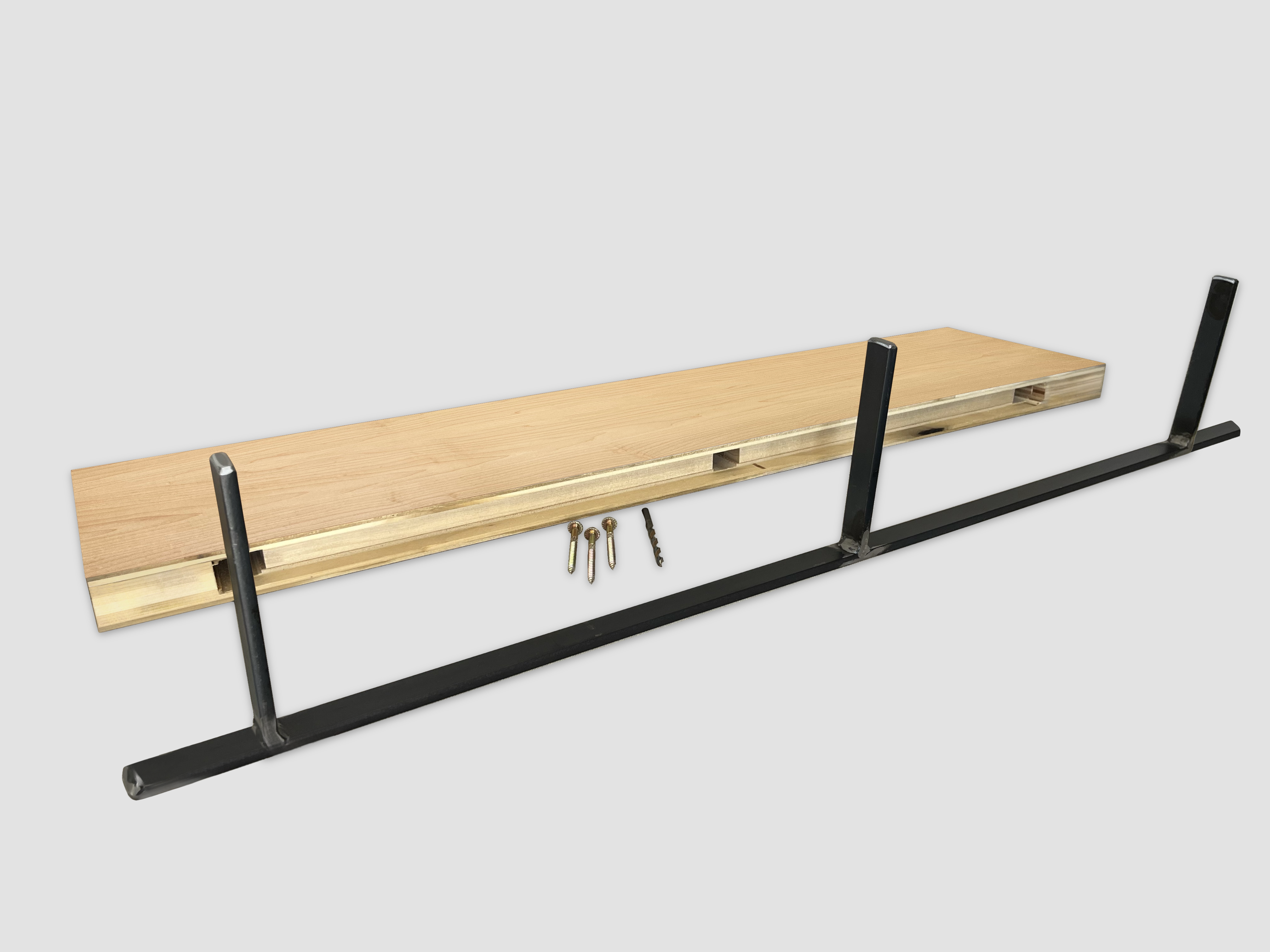 Maple floating shelf back edge with black metal bracket on a white background