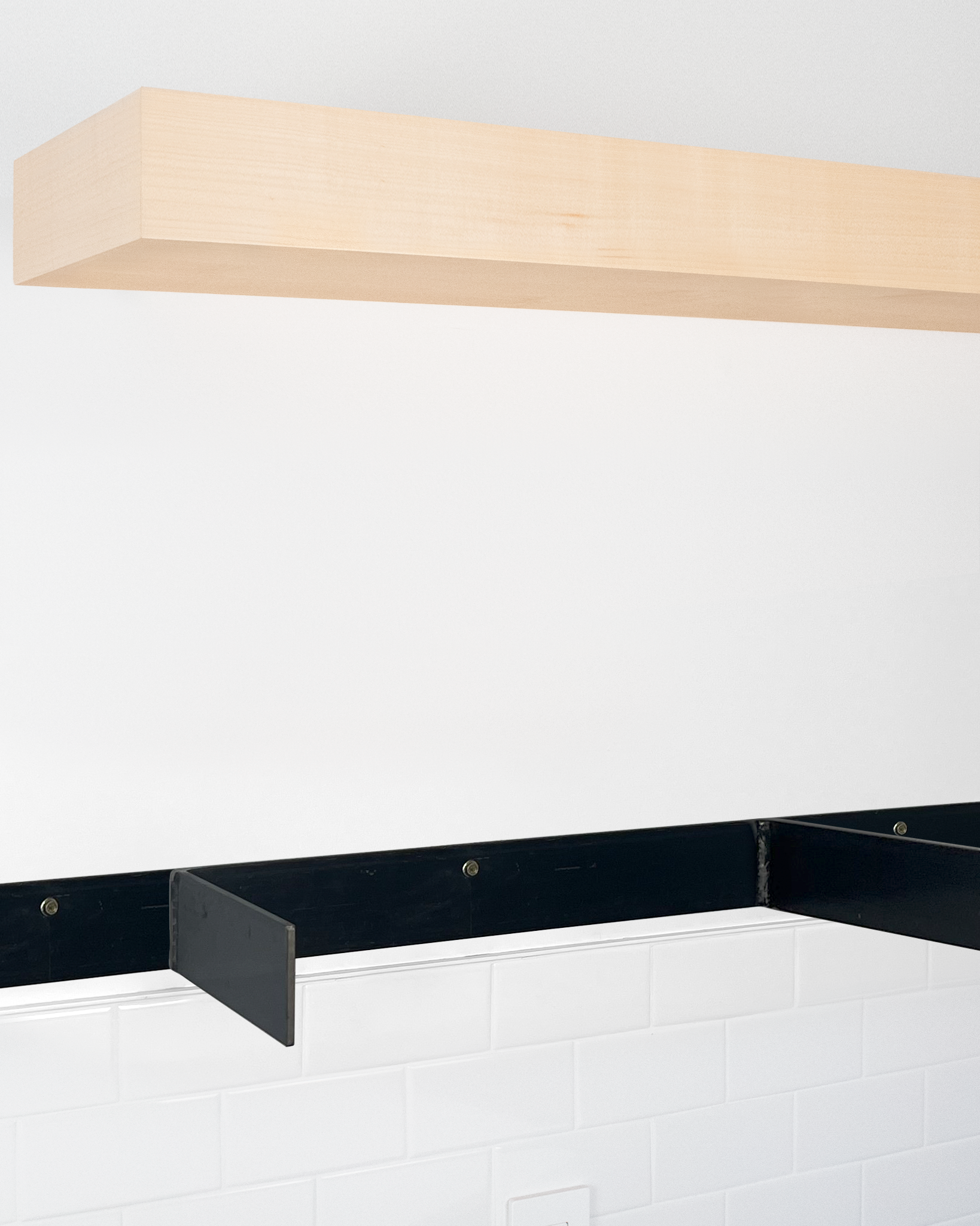 Maple floating shelf 4 inch thick angle view installed steel HW