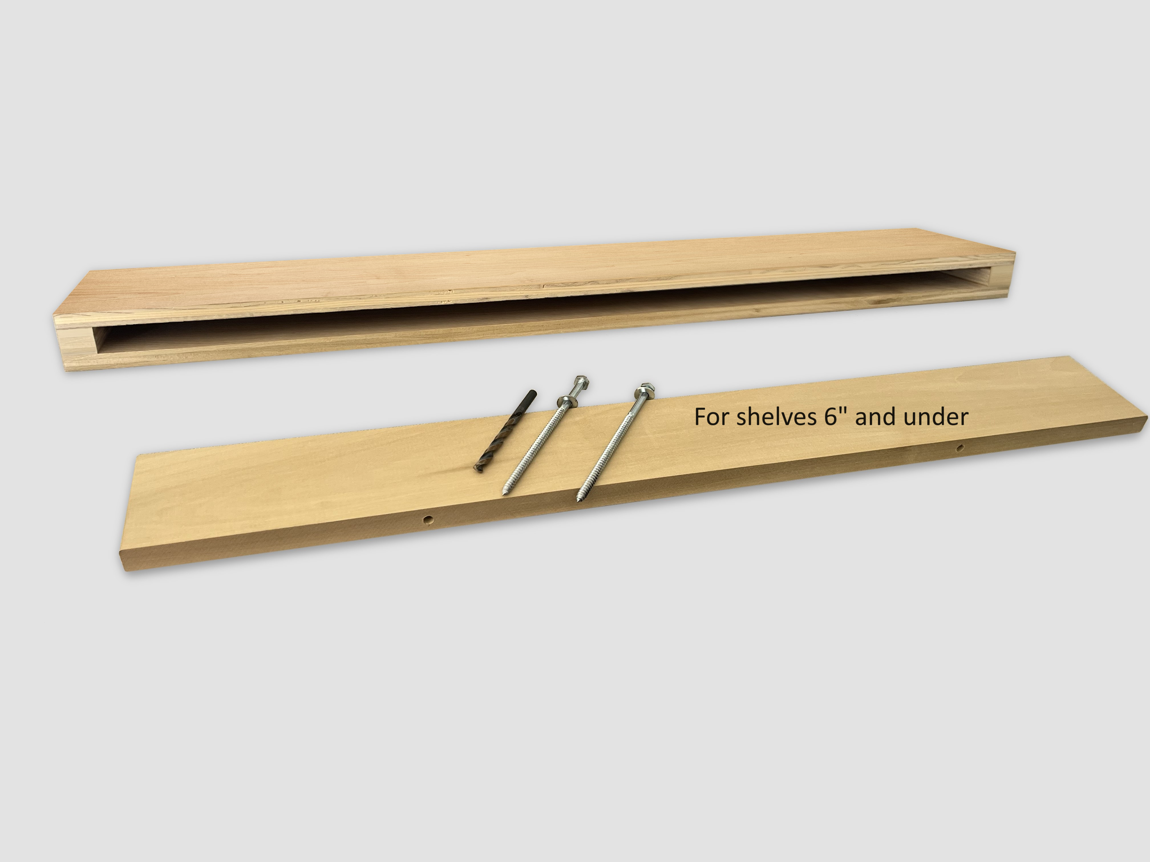 Maple narrow floating shelf view of back edge wood insert support